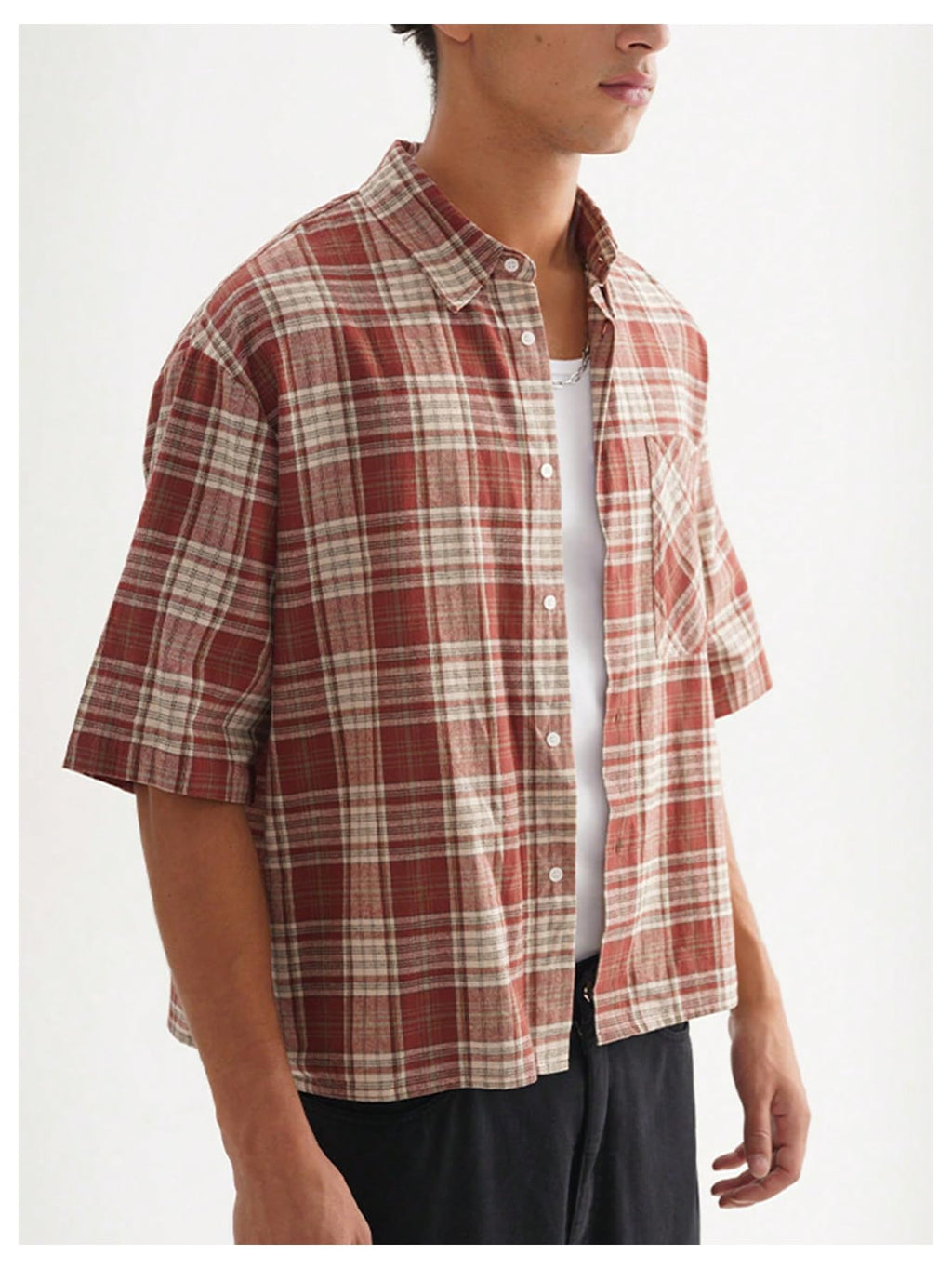 VIPWOLF Men's Plaid Gingham Cropped Shirts Button Down Baggy Half Sleeve Loose Fit Shirt Crop Tops Red Plaid Small