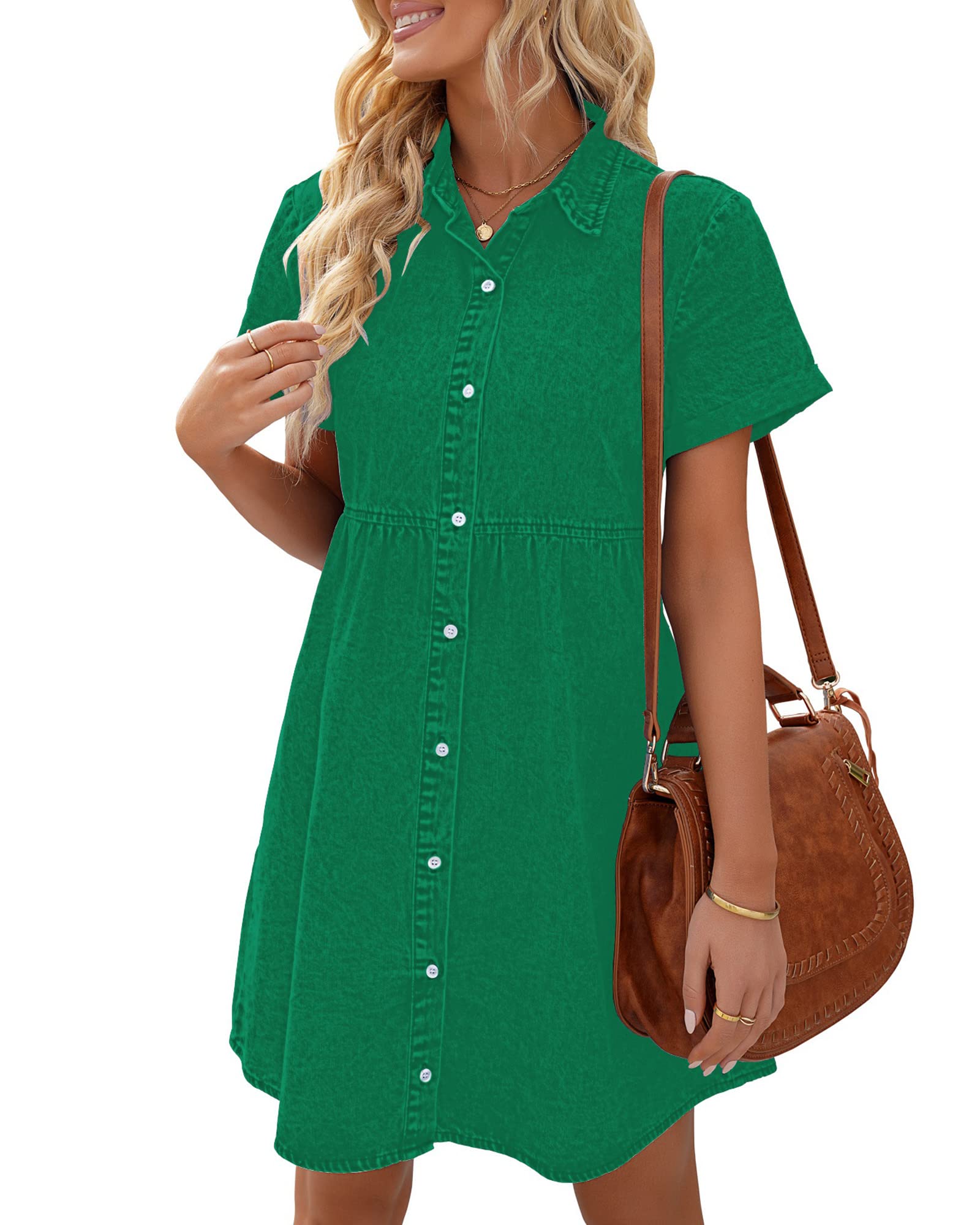 LookbookStore Green Denim Dress for Women St Patricks Day Dress 2025 Trendy Short Sleeves Jean Dresses Size L Size 12 14