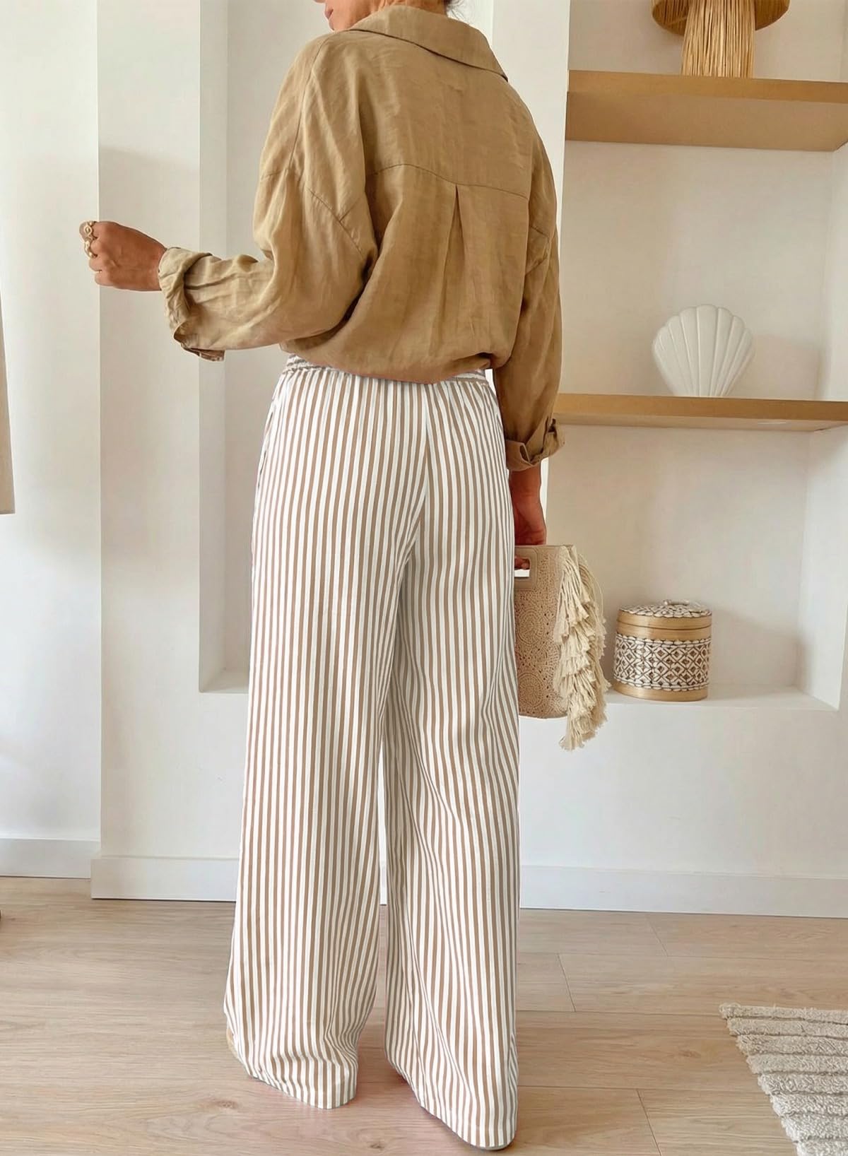Acelitt Women Casual Striped Wide Leg Pants Drawstring Elastic High Waisted 2026 Summer Fashion Beach Pants Trousers with Pockets Khaki Small