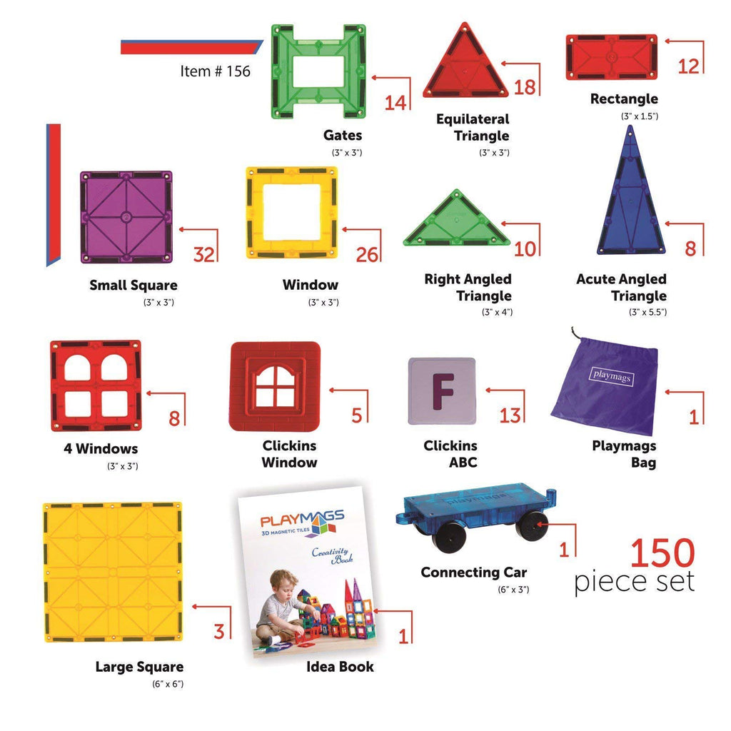 Playmags 150-Piece Magnetic Tiles Building Set – 3D Magnet Building Blocks Creative Imagination, Inspirational, Educational STEM Toys for Kids with 1 Car