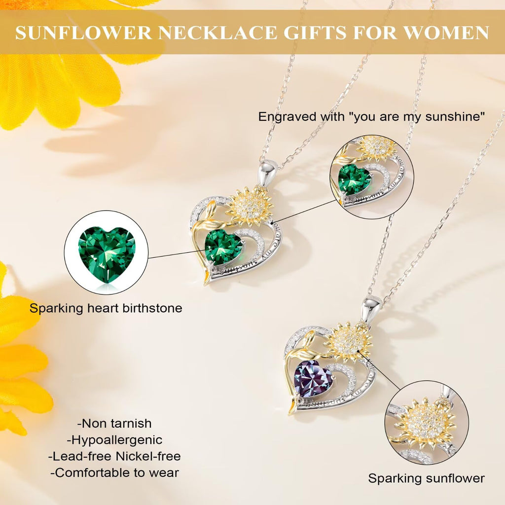 Iefil Sunflower Gifts for Women, Sunflower Necklace, Anniversary Birthday Gifts for Her, You Are My Sunshine Necklaces, October Tourmaline Jewelry, Heart Pendant Birthstone Necklace for Women Wife Mom