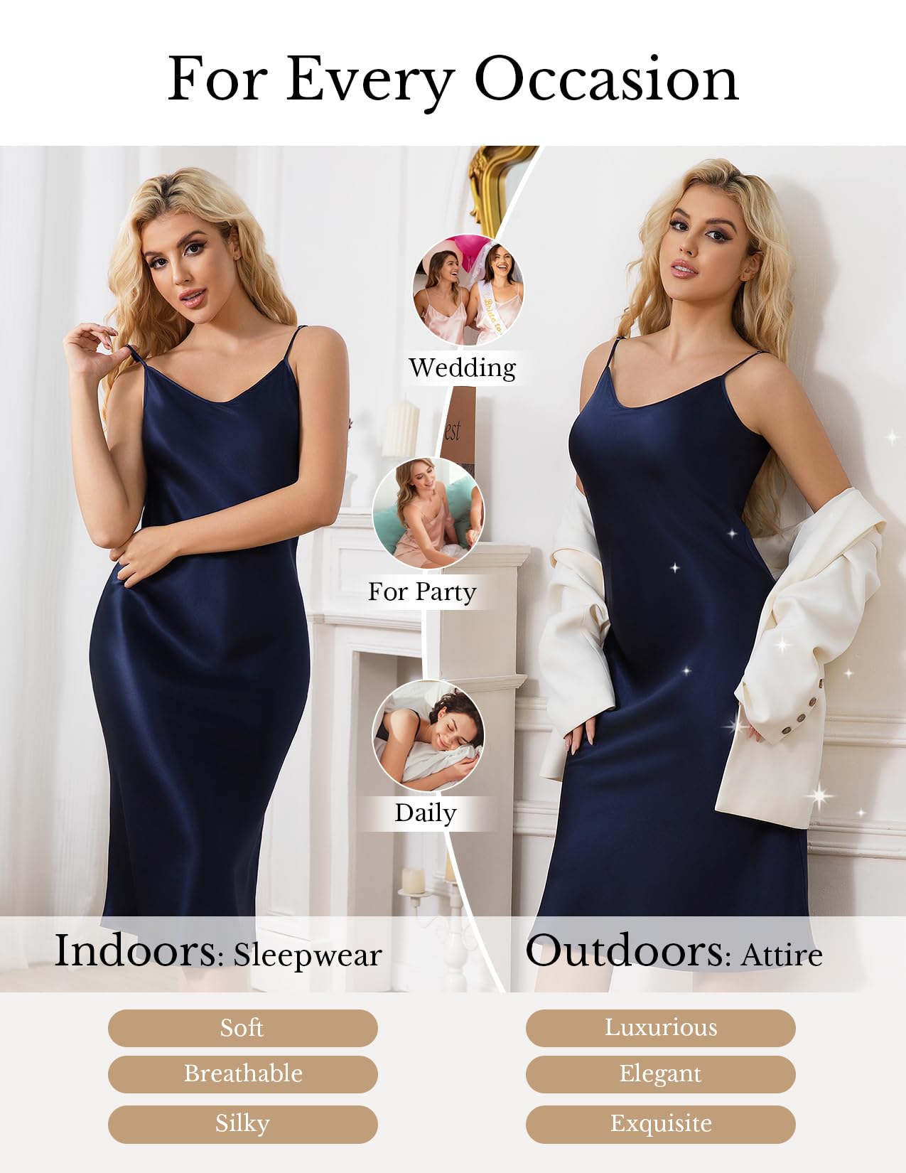 THXSILK Silk Long Nightgowns for Women, Pure Mulberry Silk Charmeuse Nightdress, Lingerie Adjustable Strap Navy Blue