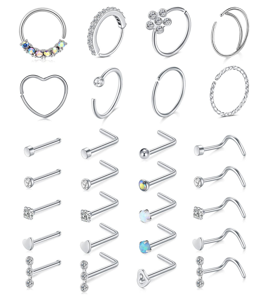 Mayhoop 20g Nose Rings Hoops And Studs For Women Men - Hypoallergenic 316L Surgical Stainless Steel L Shape Nose Screw Bone Silver Rose Gold Black Rainbow Pack 28Pcs