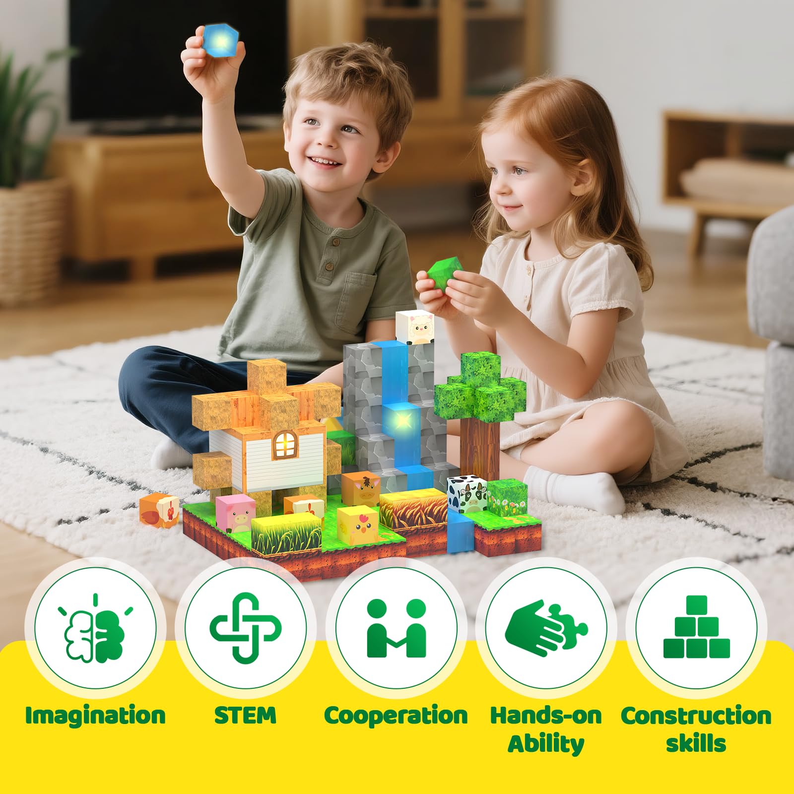 Magnetic Blocks - 138 PCS Building Blocks Set with 3 Light-Up Blocks, STEM Construction Cubes Toys for Kids 4-8, Toddler Sensory Stacking Toys, Christmas Birthday Gift for Boys and Girls Ages 3+