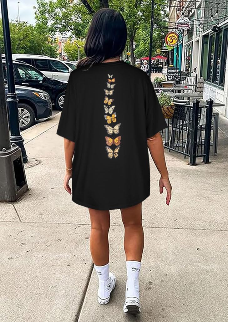 Womens Oversized Tshirt Graphic Tees Crew Neck Summer Short Sleeve Loose Fit Tops (A-Butterfly Print Black, L)