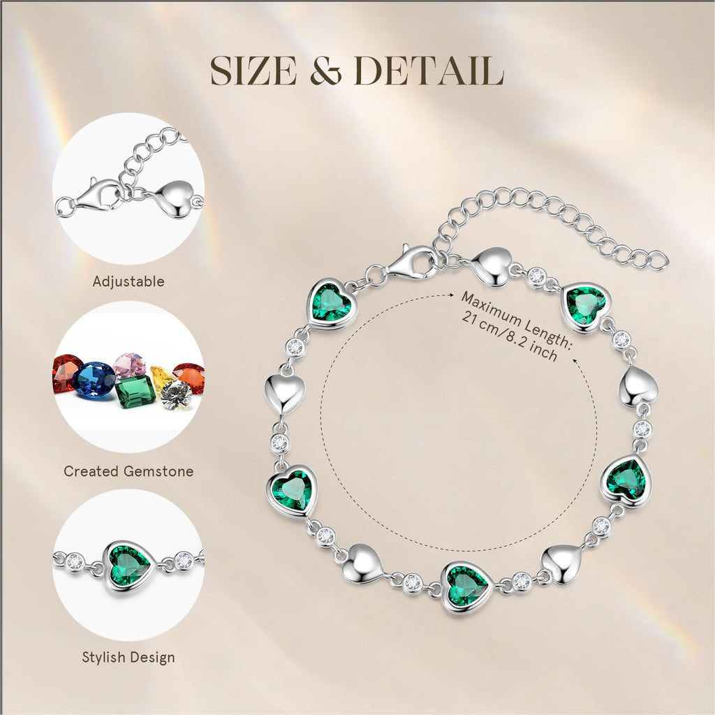 Carleen May Birthstone Bracelet Sterling Silver Emerald Bracelet for Women Heart Station Tennis Bracelet Jewelry Gifts Valentines Day Gifts for Women