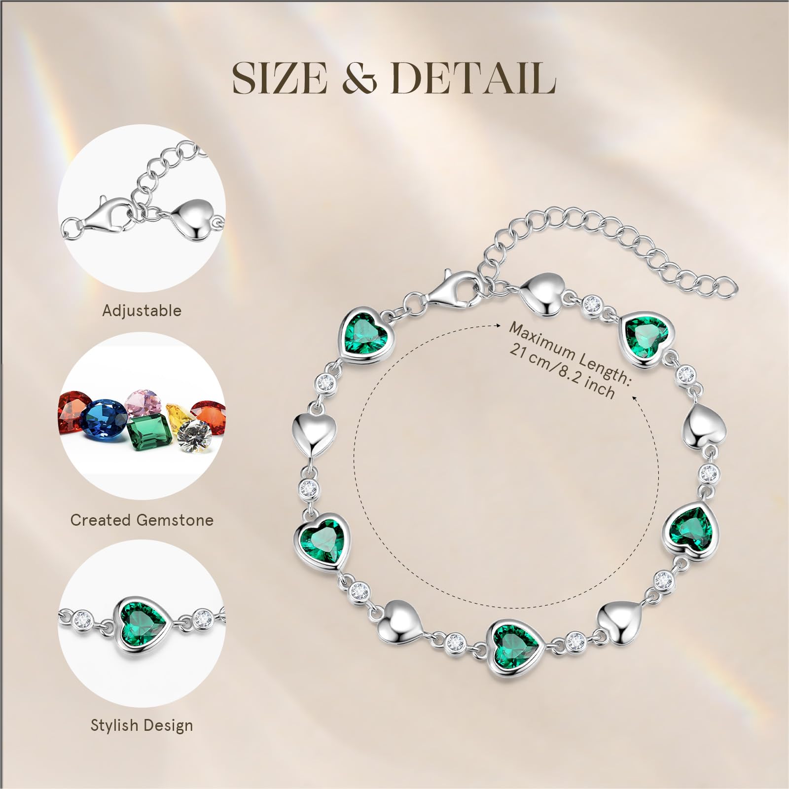 Carleen May Birthstone Bracelet Sterling Silver Emerald Bracelet for Women Heart Station Tennis Bracelet Jewelry Gifts Valentines Day Gifts for Women