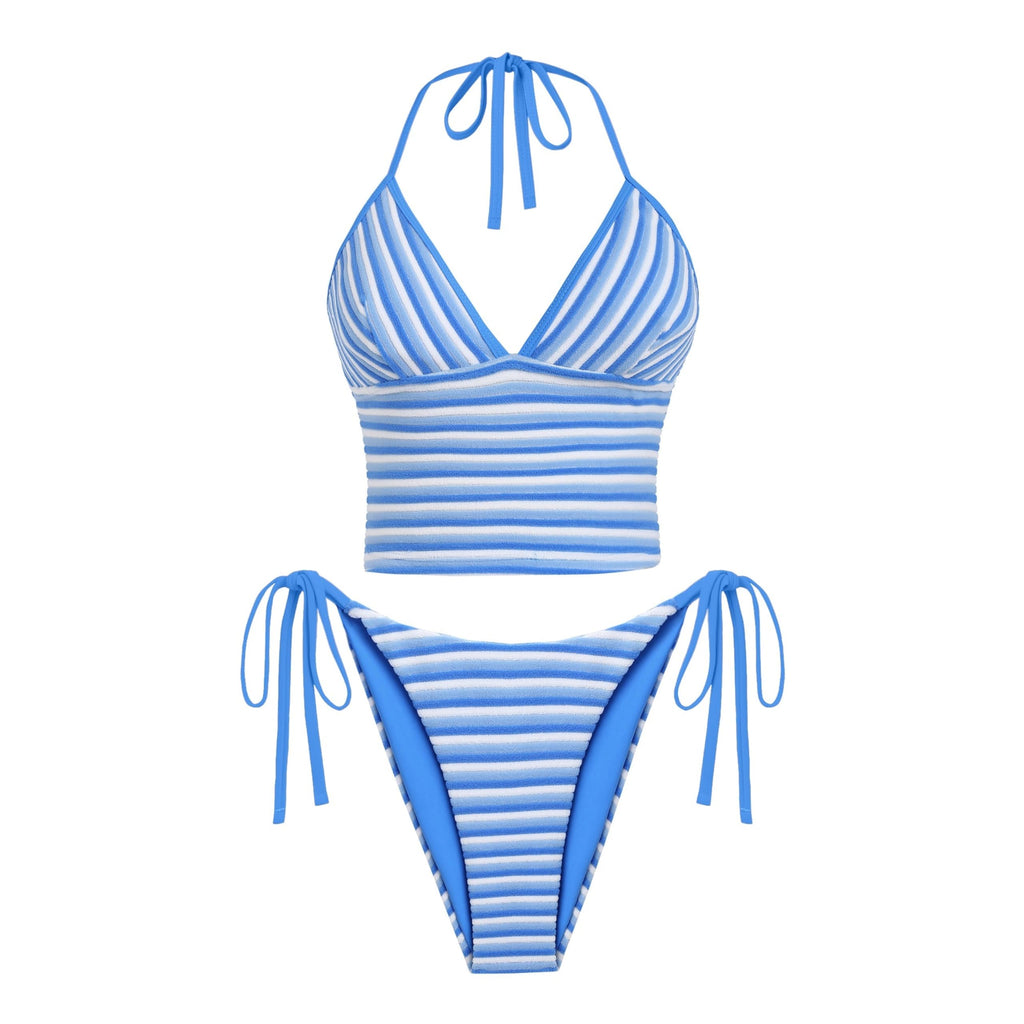 ZAFUL Striped Tankini Sets for Women Padded Swimsuit Halter Bikini High Cut 2 Piece Bathing Suit Color Block Swimwear Blue XS