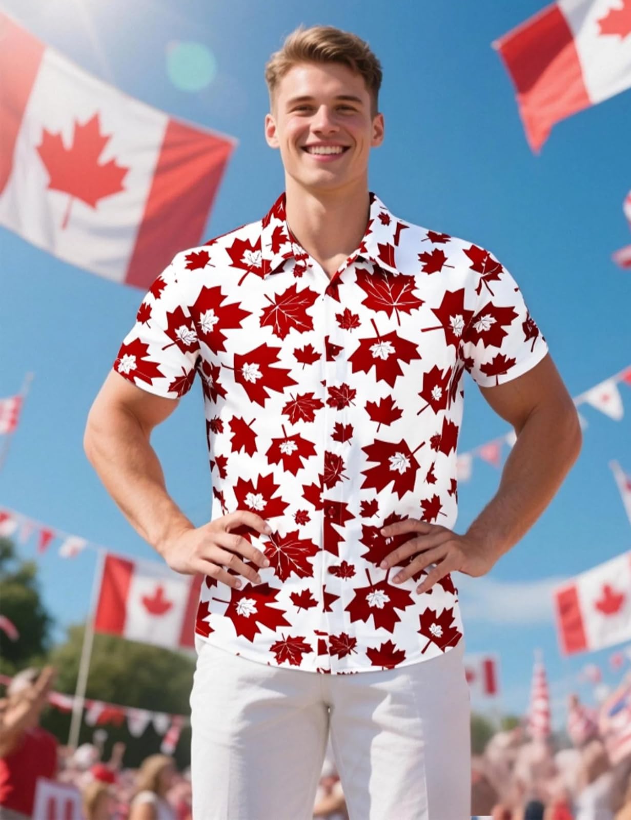 Fashonal Men's Canada Day Shirt Short Sleeve Hawaiian Maple Leaf Print Summer Shirt, White-RedMaple Size L