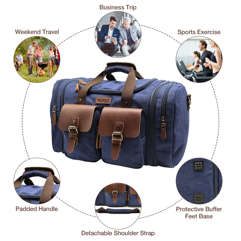 Wildroad 50L Travel Duffel Bag, Expandable Canvas Genuine Leather Duffle Bag Upgraded Overnight Weekender Carry on Bag
