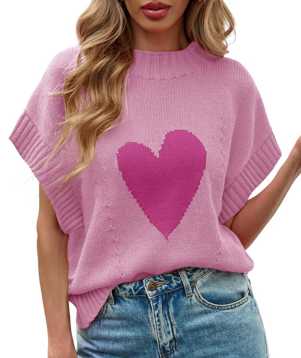 Saodimallsu Womens Cap Sleeve Cropped Sweater Mock Neck Cute Heart Loose Valentine Knit Tank Tops Pink