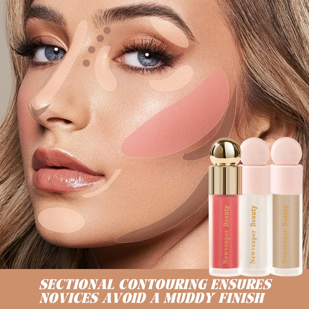 Liquid Contour,Liquid Highlighter, Blush with Face Brush Long Lasting Smooth Lightweight Smudge Proof Contour+ Blush+ Highlighter