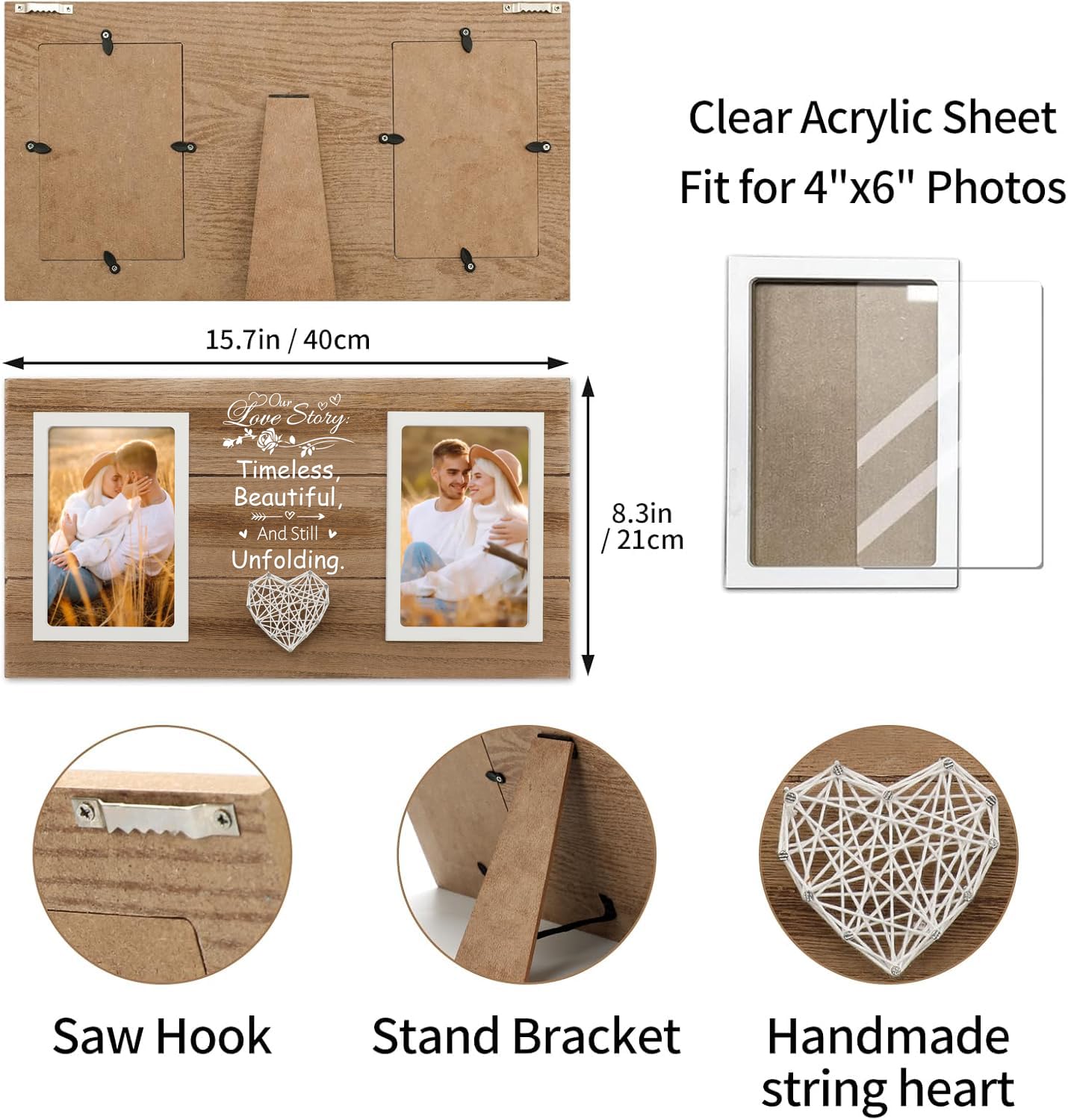 SOUHONEY Personalized Wedding Gifts for Couples 2026, Picture Frame Gifts for Engagement Wedding Anniversary - Wooden Double Picture Frames 4x6 - Couples Newlyweds Picture Frame (Love Story)