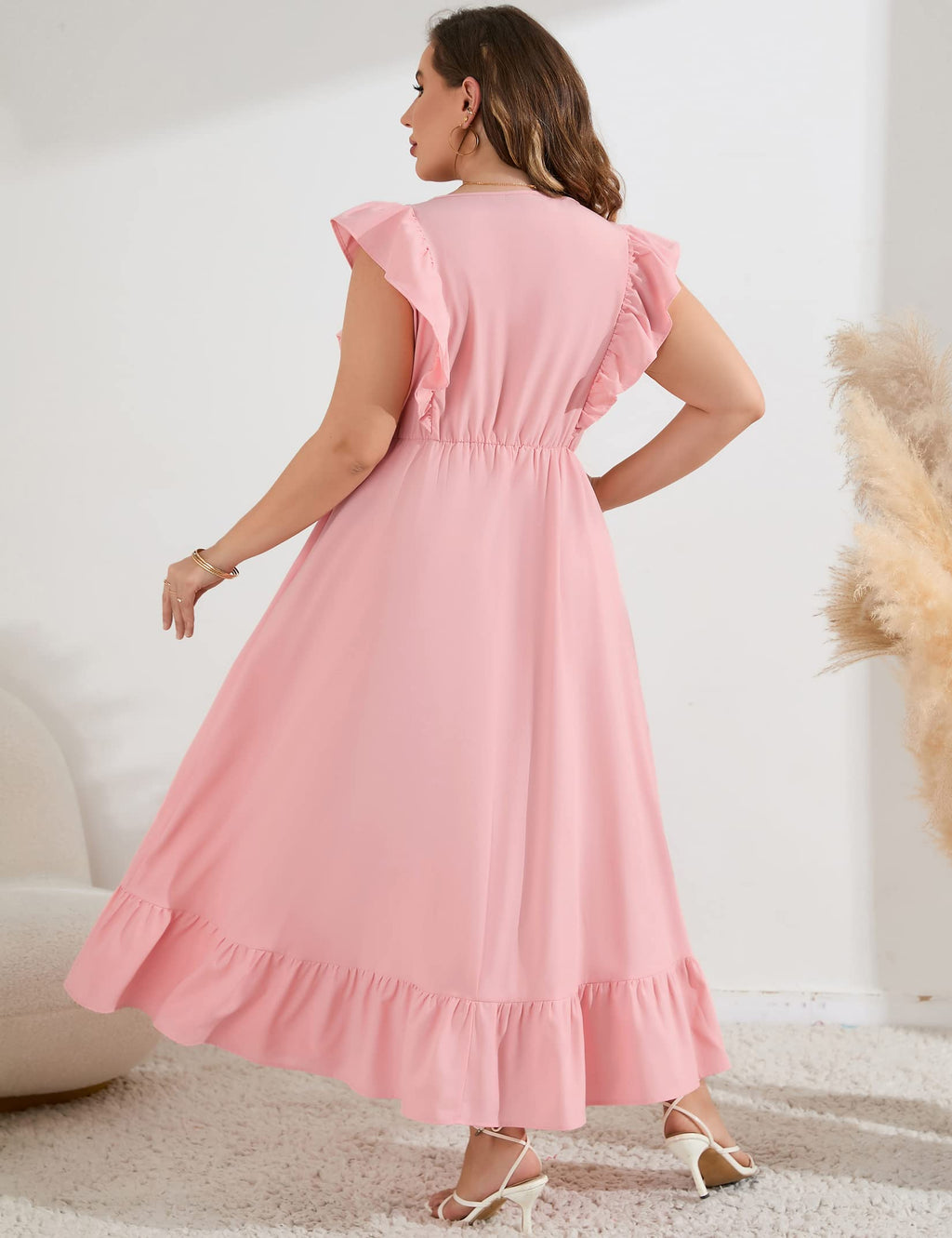 KOJOOIN Women's Plus Size Summer Dress with Pocket Ruffle Cap Sleeveless V Neck Side Split Long Beach Maxi Dress Pink XL