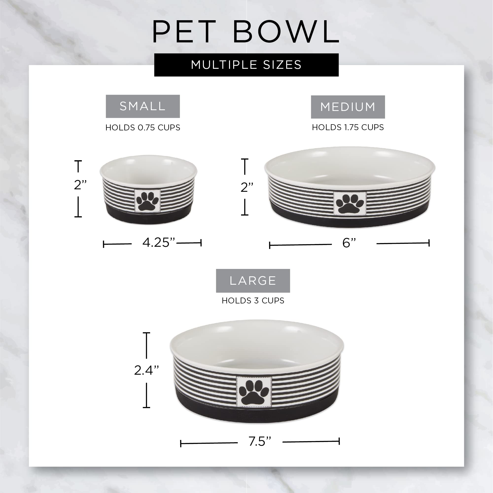 Bone Dry Ceramic Food Bowls, Non-Slip & Dishwasher Safe, Large Set, 7.5x2.4, Rainbow Paw, 2 Count