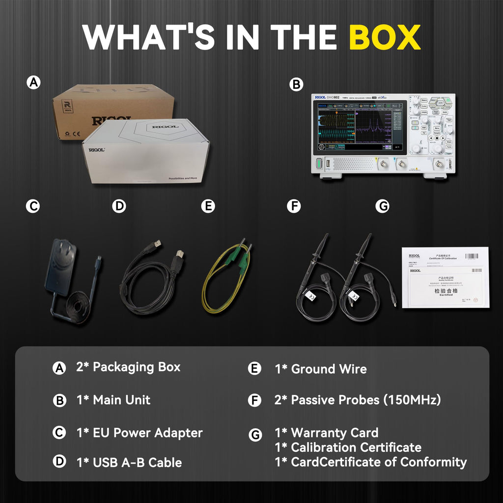 RIGOL Digital Oscilloscope DHO804 70 MHz 4-Ch 1.25 GSa/s 12-bit 25 Mpts UltraAcquire 1,000,000 wfms/s 7" Touch LAN/USB/HDMI Web Control SCPI for Power Ripple Embedded Debug