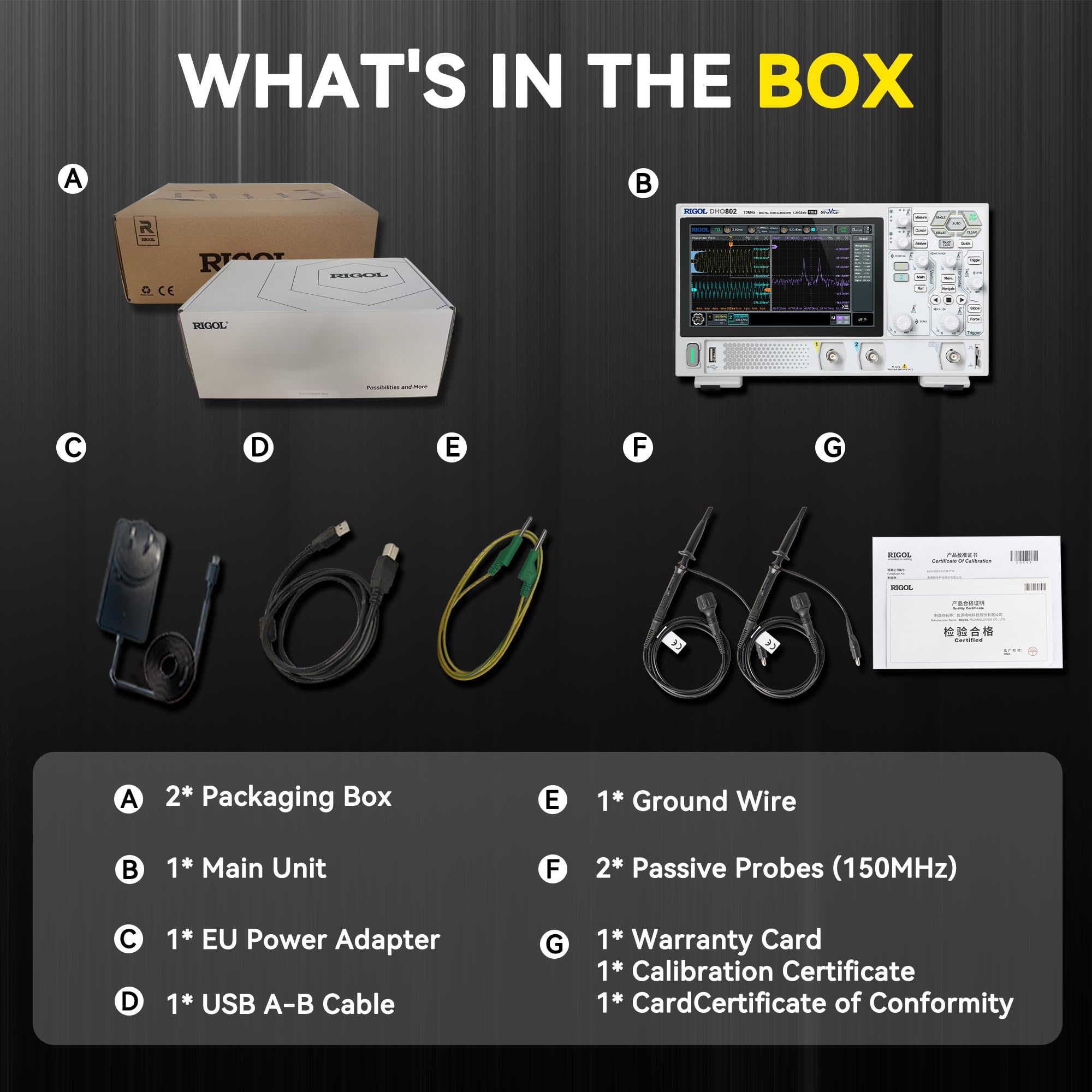 RIGOL Digital Oscilloscope DHO802 70 MHz 2-Ch + EXT Trig 1.25 GSa/s 12-bit 25 Mpts UltraAcquire 1,000,000 wfms/s 7" Touch LAN/USB/HDMI Web Control SCPI for Troubleshooting MCU CAN