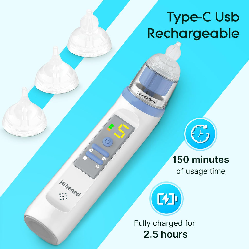 Electric Nasal Aspirator for Baby, Nose Aspirator for Toddlers, Rechargeable Baby Nose Sucker, Nose Cleaner with 3 Silicone Tips, 5 Suction Levels, Music and Light Soothing Function，Blue
