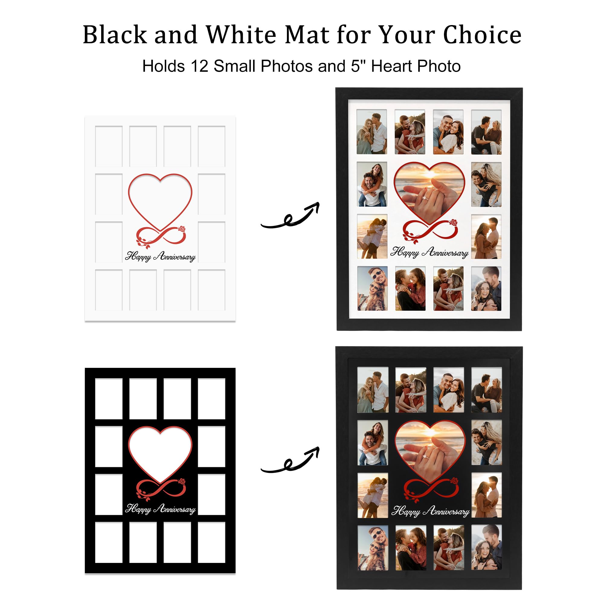 FramePro 12x16 Heart Anniversary Collage Picture Frame, DIY Names Custom Multi Photo Frame Holds 13 Photos, Anniversary Decorations Gifts for Couples Husband Wife, 1st Year Wedding & Valentine’s Day Gift Ideas (Black)
