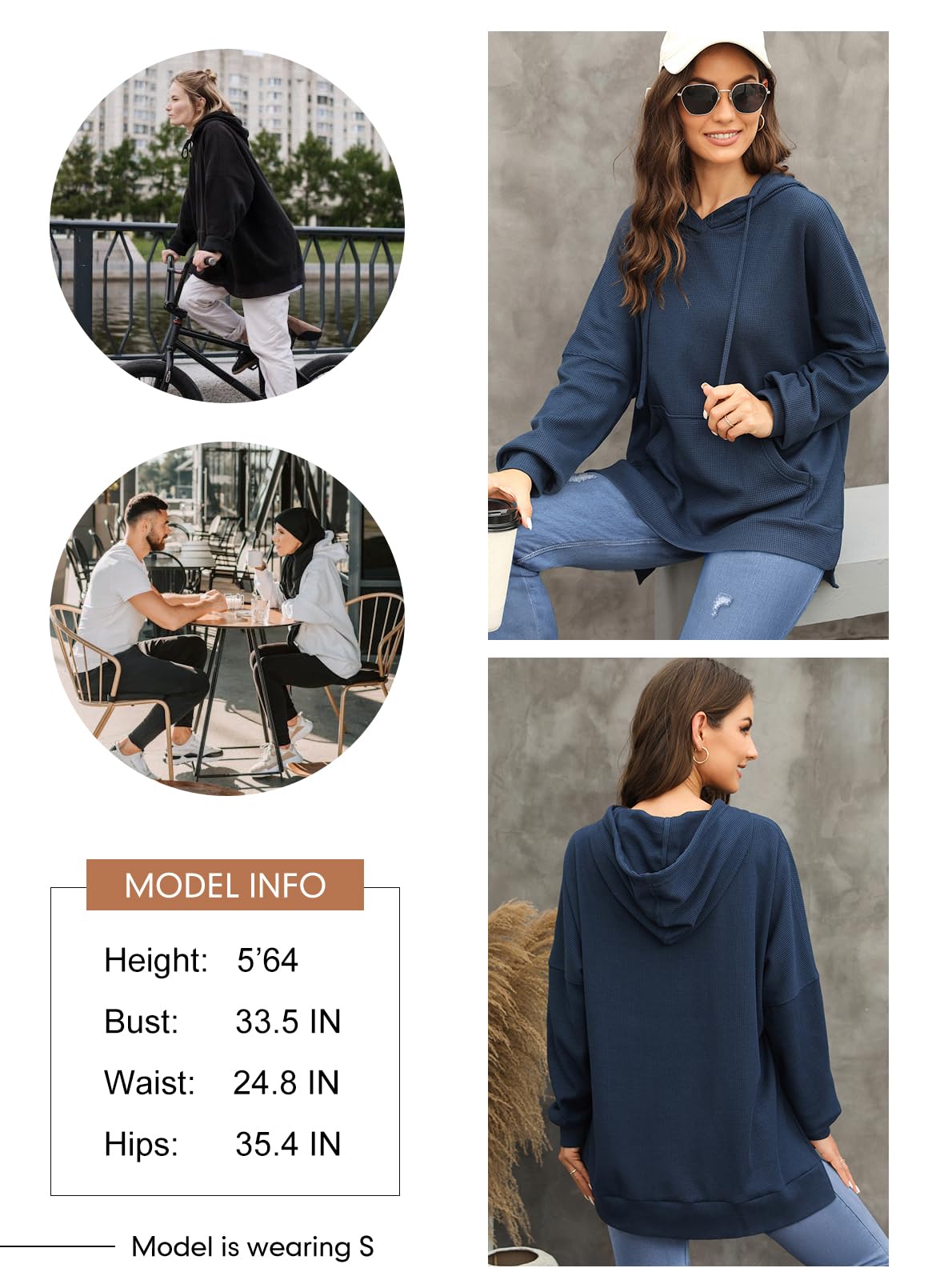 Dokotoo Women Ladies Hoodies Oversized Long Sleeve Sweatshirt for Women 2025 Fashion Plus Size Waffle Knit Winter Clothes Hooded Sweatshirts Casual Loose Hoodie with Pocket Dark Blue Small