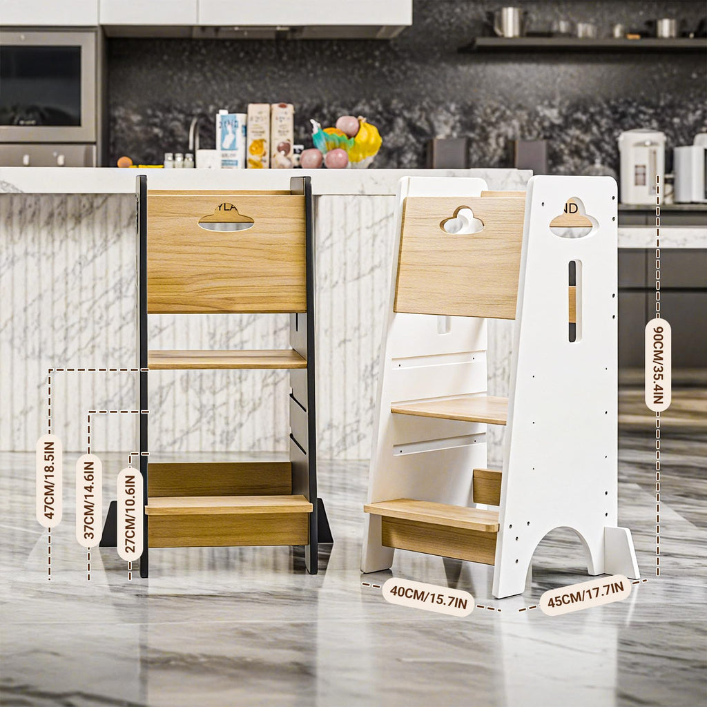 COSYLAND Toddler Standing Tower Adjustable Height - Super Stable Toddler Kitchen Stool Helper - 3 Levels Adjustable Wooden Kids Kitchen Stool (Natural & White)