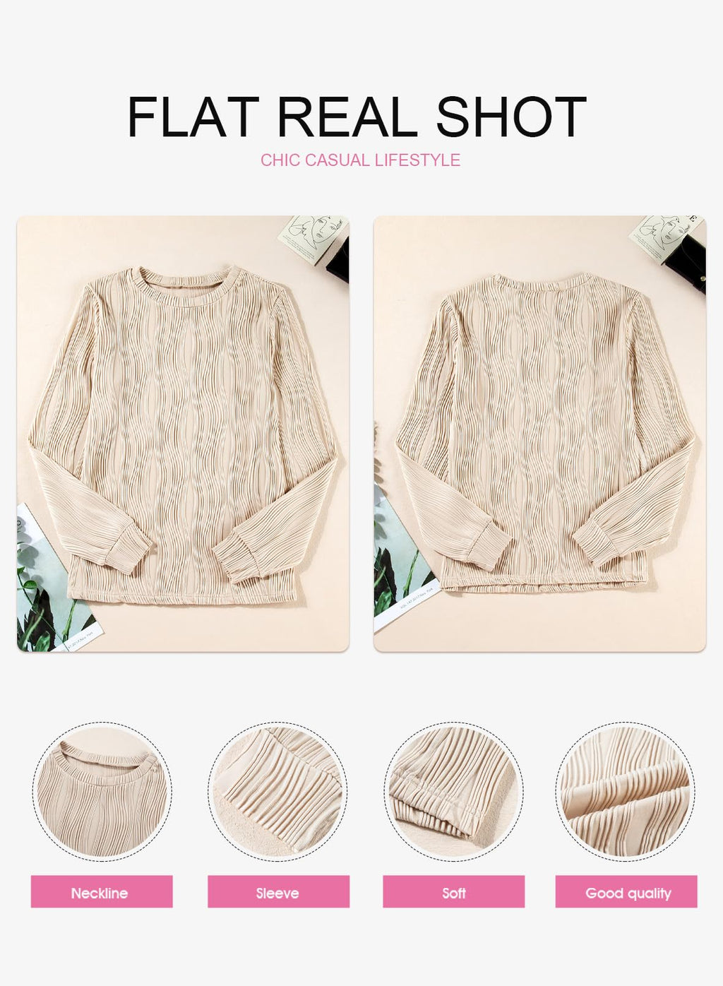 EVALESS Womens Long Sleeve Tops Shirts 2026 Fashion Trendy Dressy Casual Spring Summer Fall Round Neck Textured Loose Fit Blouses Clothes Outfits,Apricot Small