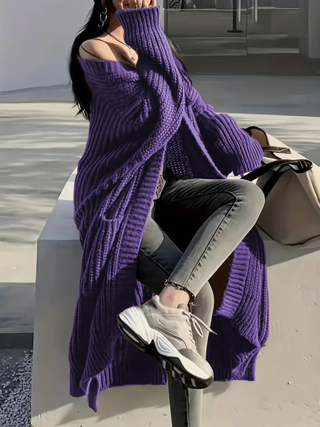 Womens Long Sleeve Cardigan Sweaters Open Front Knit Long Cardigans Duster with Pockets 2024 Fall Winter Oversized Coat (US, Alpha, Small, Regular, Regular, Purple)