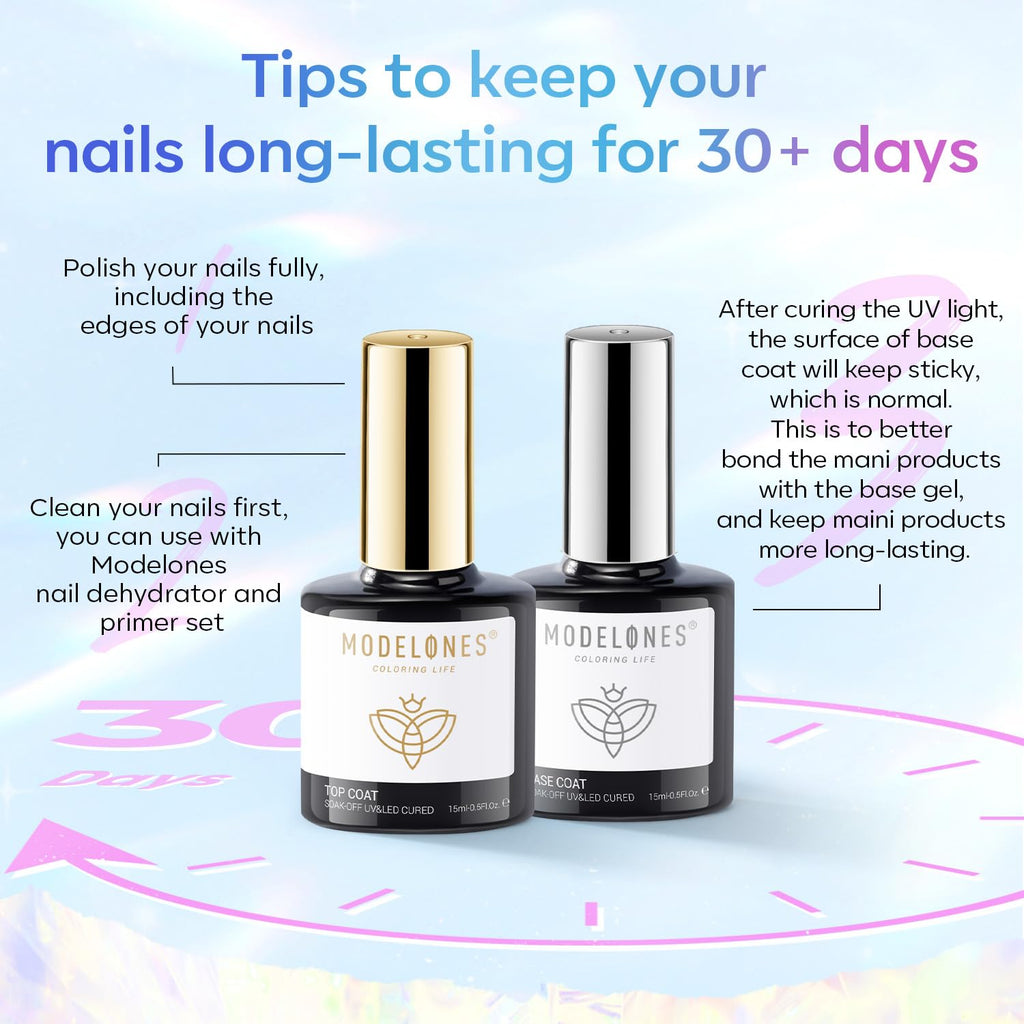 modelones Gel Top Coat, 15 ml 2026 Upgrade Super Shiny Base and Top Coat Set, Soak Off Nail Lamp Acid Free No Wipe Clear Base Top Gel Nail Polish