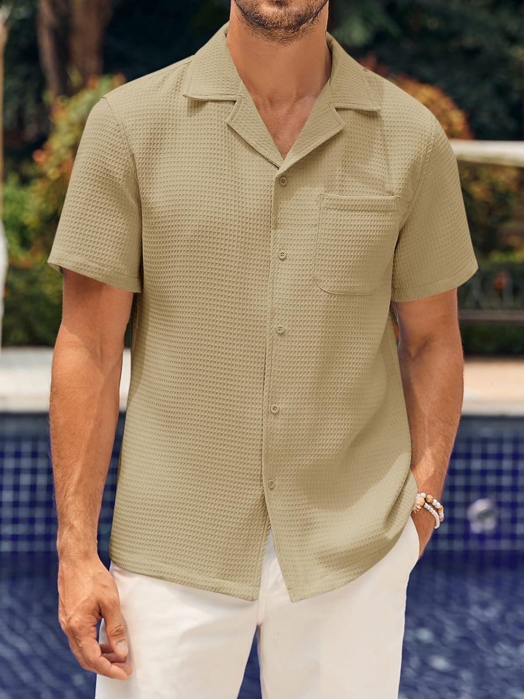 Mens Waffle Button Down Shirt Short Sleeve Loose Fit Cuban Summer Beach Plain Tops Khaki