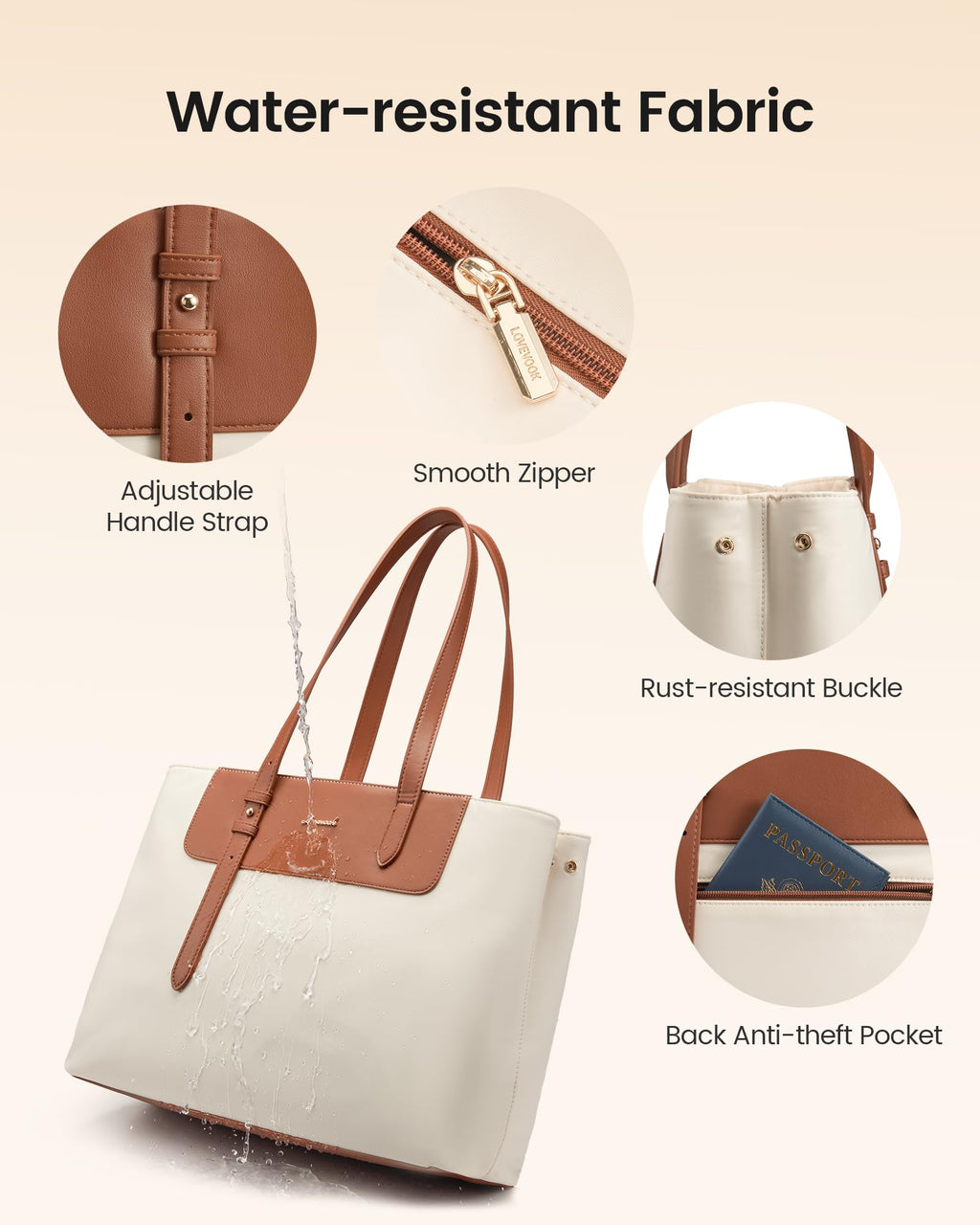 LOVEVOOK Laptop Tote Bag for Women 15.6 Inch, Water-Resistant Work Tote Bag Large Capacity Computer Bag Briefcase Handbag for Office Business Travel Teacher Nurse, Nylon & PU, Brown