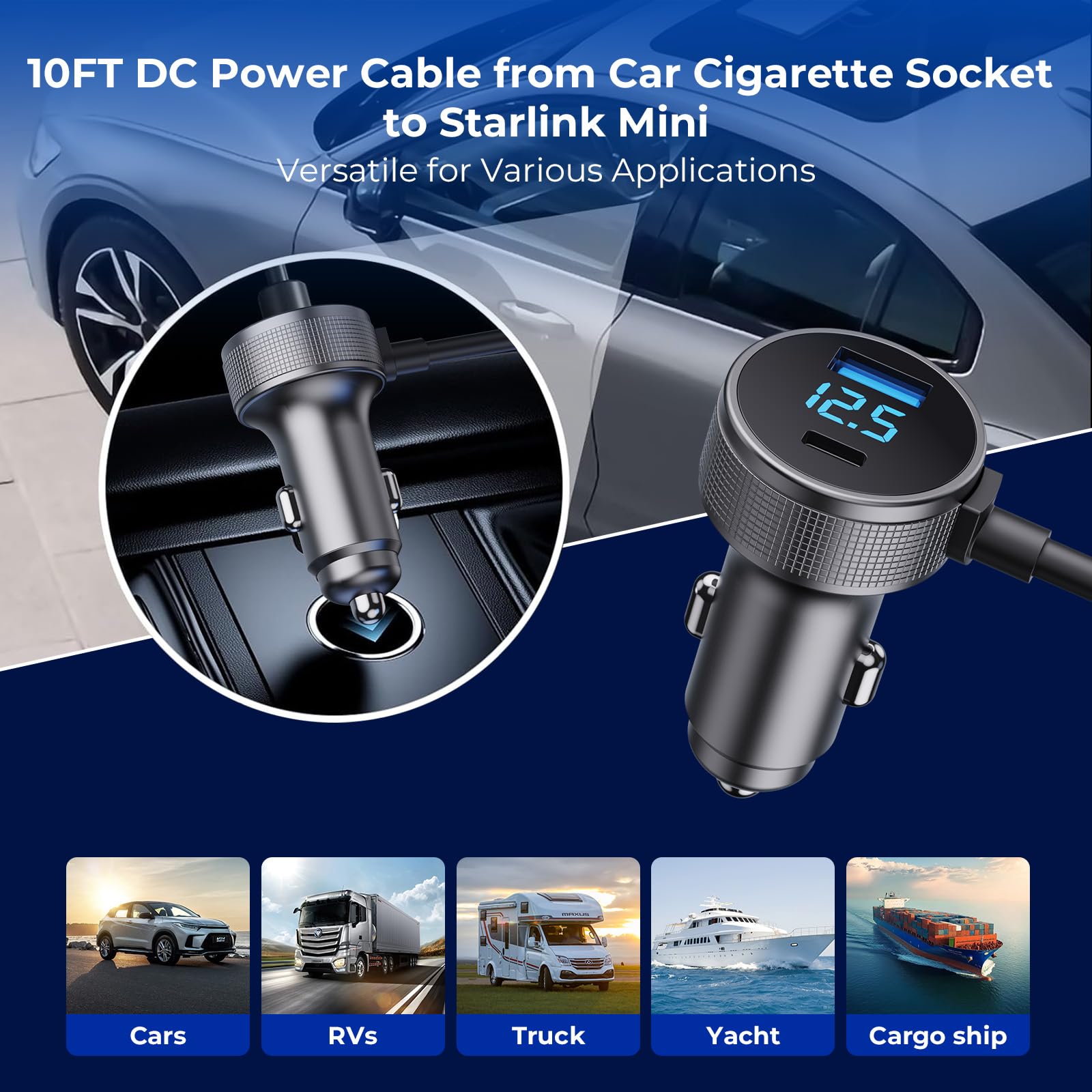 Starlink Mini Cable, 3 in 1 Starlink Mini Car Charger DC Power Cable+ Cigarette Lighter Adapter 12V-48V with Digital Display, Durable USB C PD 40W and USB A 35W Ports for Trucks and Cars (10FT)
