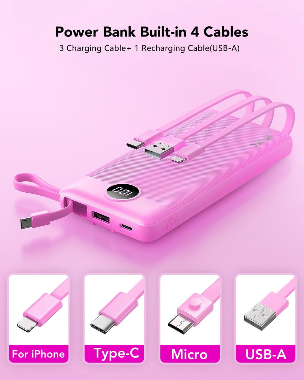 VRURC Power Bank for iPhone, Compact Portable Charger Built in Cables, 10000mAh Flight-Safe Battery Pack,5 Output USB C External Phone Charger for iPhone 17 Pro 17 16 15 14 13,Samsung-Purple(1 Pack)