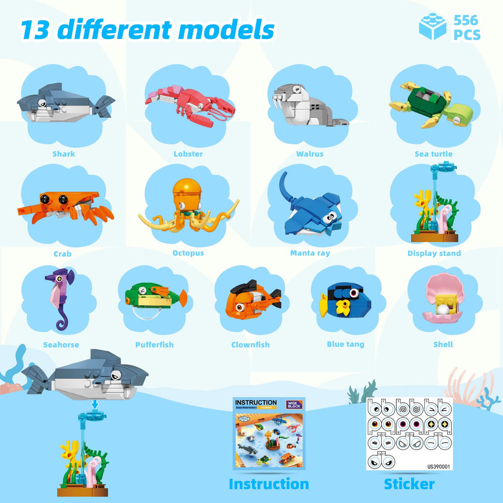 Wise Block Ocean World Building Set, 556 Pcs Sea Animals Building Toy, Educational STEM Learning Toys Party Favors for Girls Boys, Ages 4+, Birthday Gift Toddler Beach Toy with Shark, Turtle, Fish