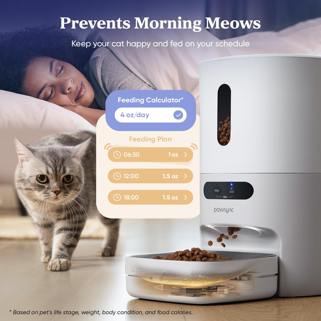 Pawsync Automatic Cat Feeder, WiFi Smart Scale Tracks Pet's Food Intake, App Control, 3.6L Timed Food Dispenser for Cats and Dogs, Up to 10 Meals Per Day, Stainless Steel Bowl, Dual Power Supply