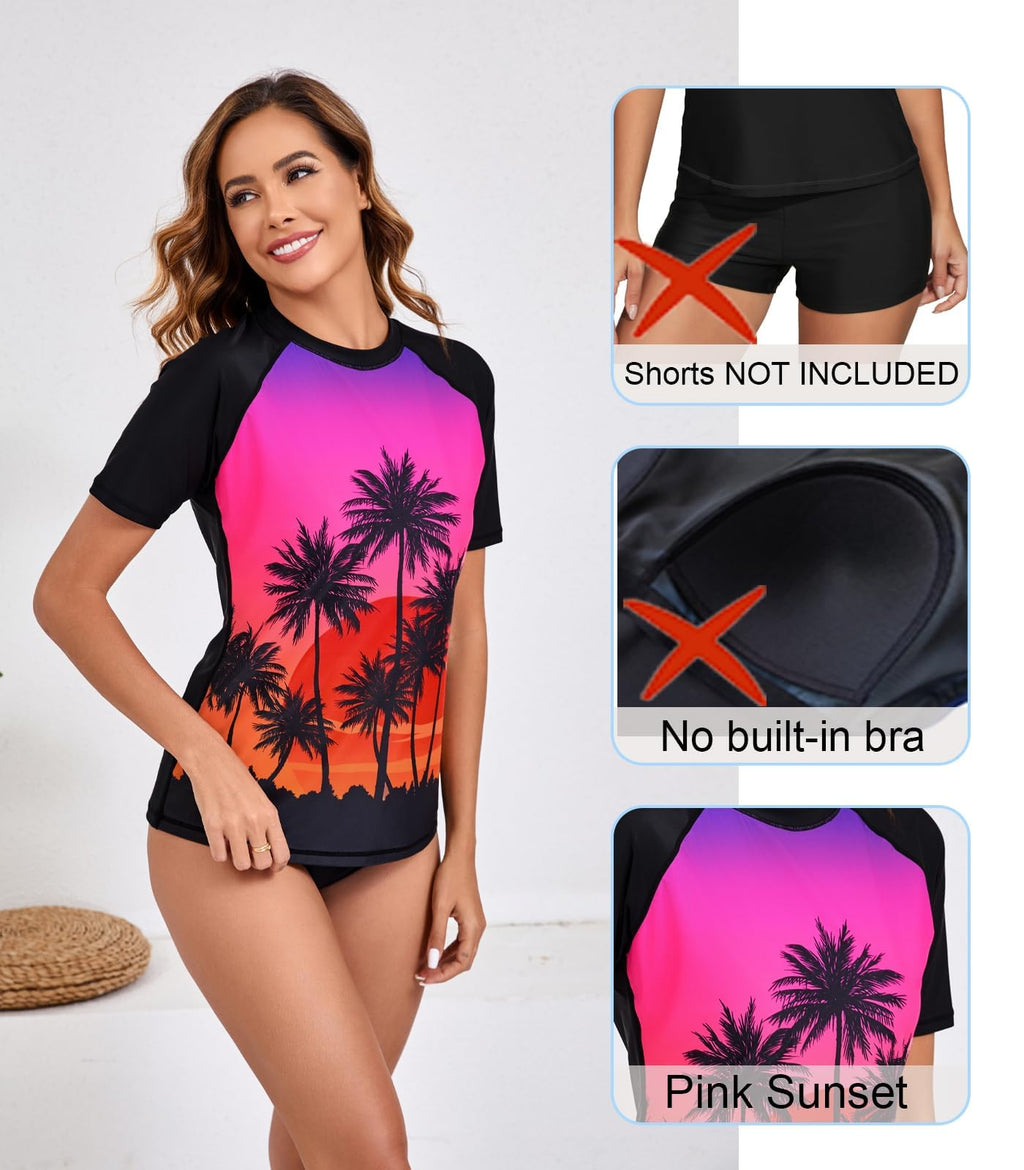 Halcurt Women's Short Sleeve Swim Shirt Rash Guard Swimsuit Top Only UPF50+ Sun Protection Bathing Suit Black Pink Sunset M
