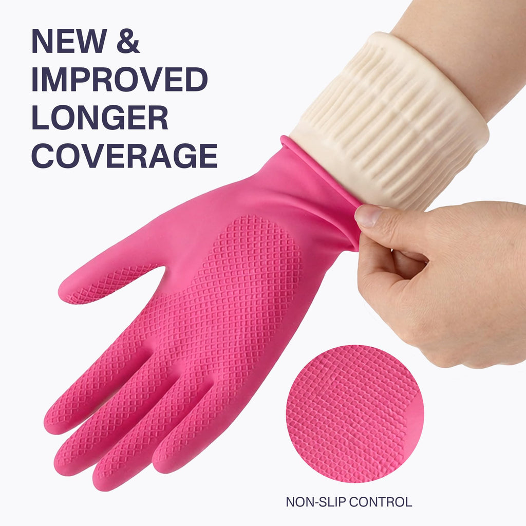 Rubber Cleaning Gloves, Dishwashing Kitchen Glove Tools for Dish Washing Household Essentials, Waterproof Non-Slip Long Cuff House Supplies Guantes Para Lavar Platos Women, Red+Pink, Medium, 2 Pairs