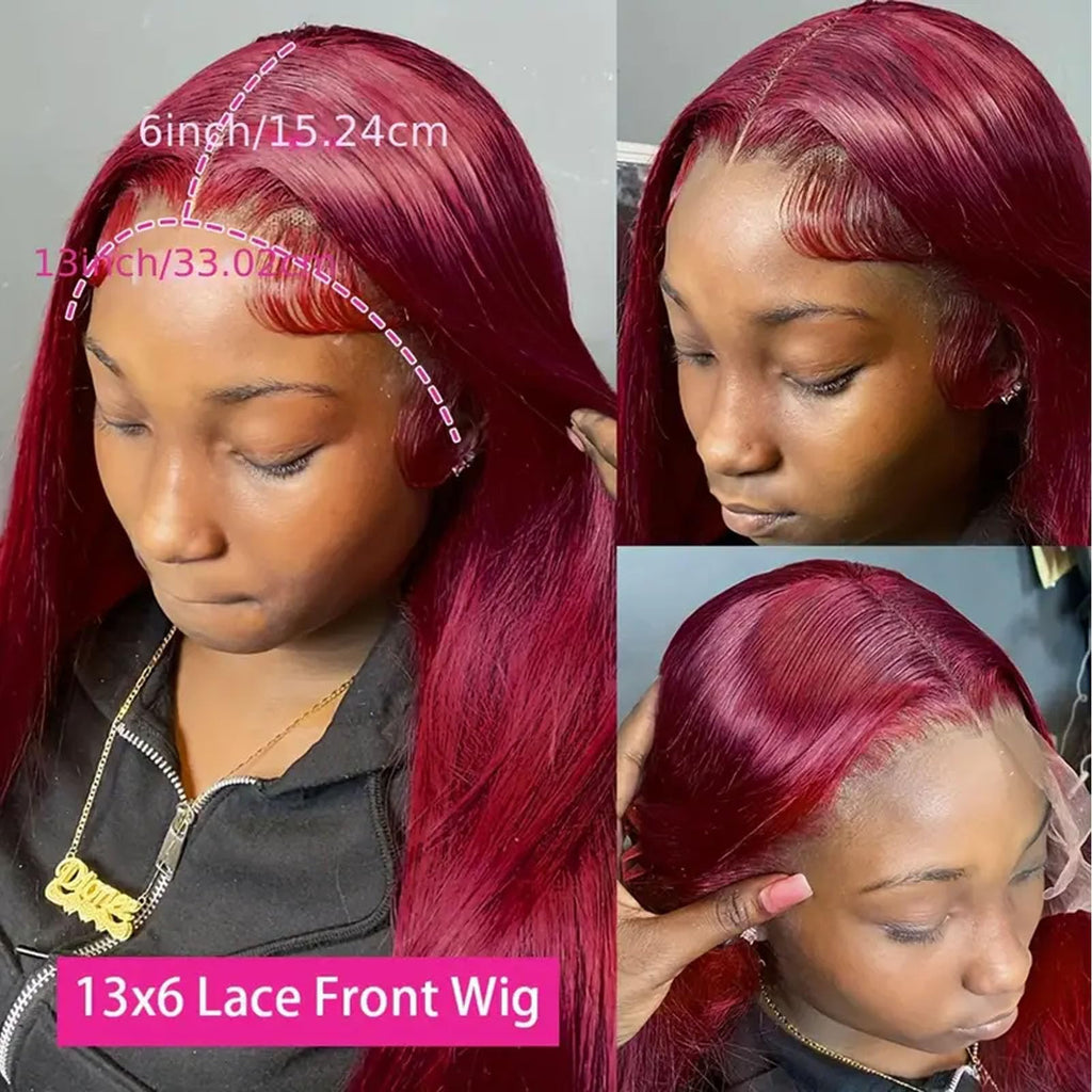 Fiumer Burgundy Wig Human Hair 26inch 13x6 HD Transparent Lace Straight 99J Red Human Hair Wig Colored Reddish Brown Lace Frontal Wigs 180% Density Pre Plucked