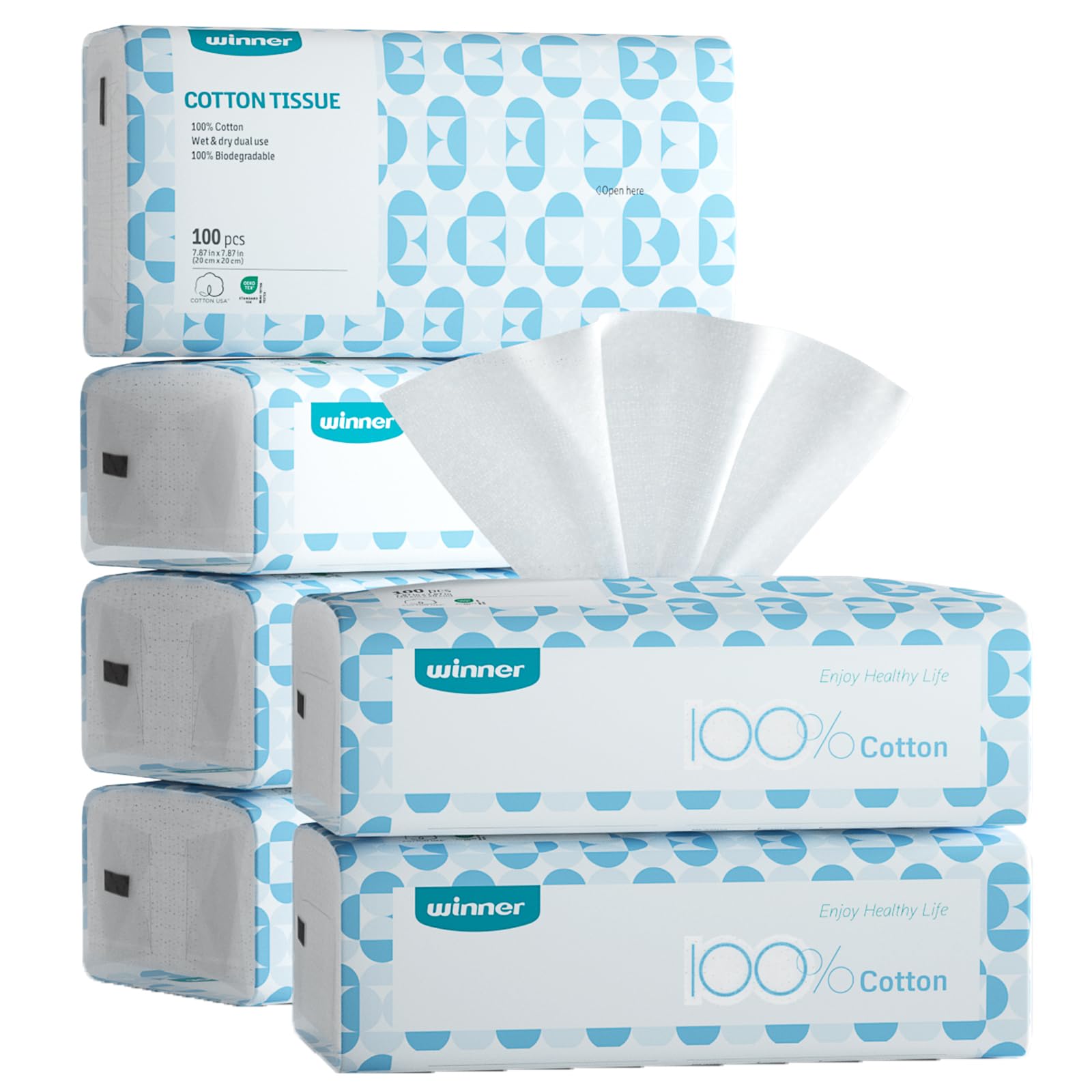 Winner Soft Face Towels, 100% USDA Biobased Facial Towels, Unscented Cotton Tissues for Sensitive Skin, OEKO-TEX Certified Face Towelettes Disposable, Makeup Remover Dry Wipes, 600 Count, Pack of 6