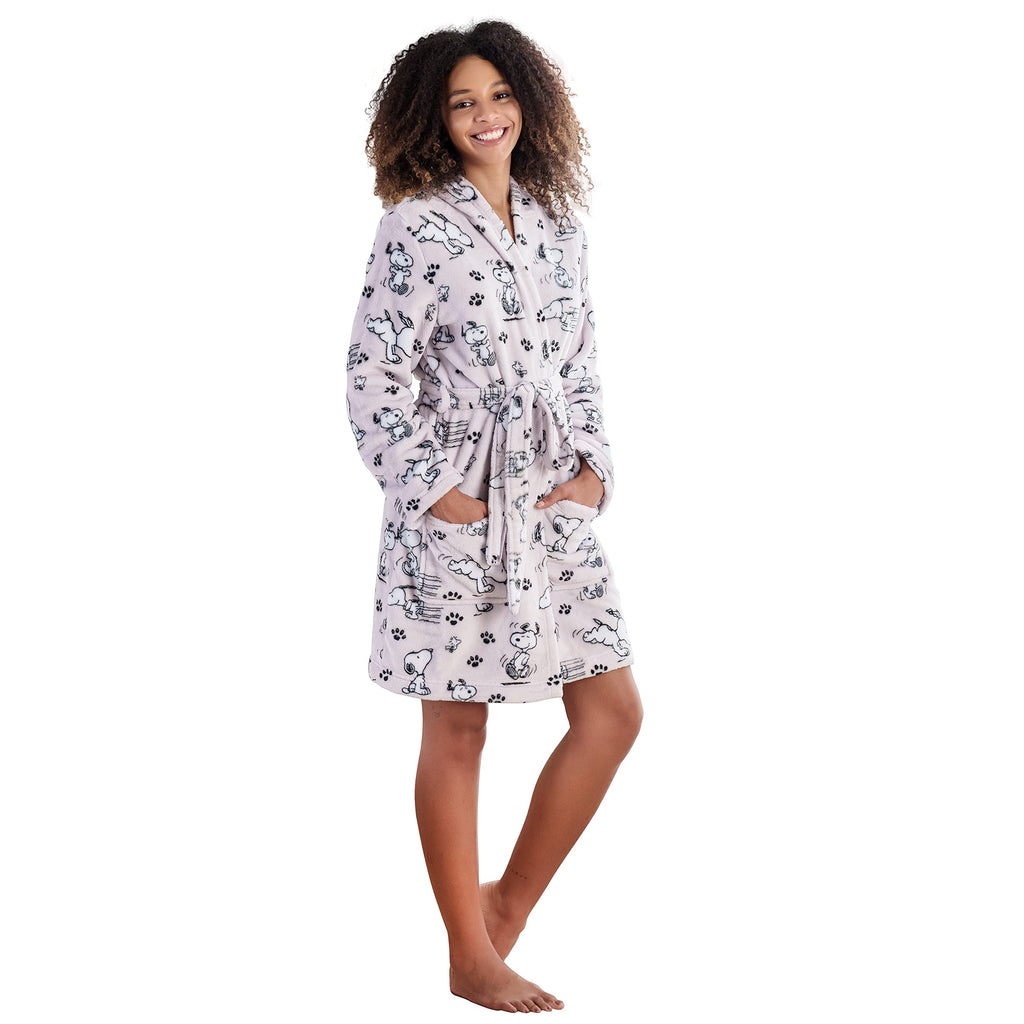 Berkshire Blanket Peanuts® Snoopy VelvetLoft® Soft Lightweight Women Robes, Short Hooded Robe with Pockets, Gifts for Women(Peanuts Poses and Paws Lavender, Medium)