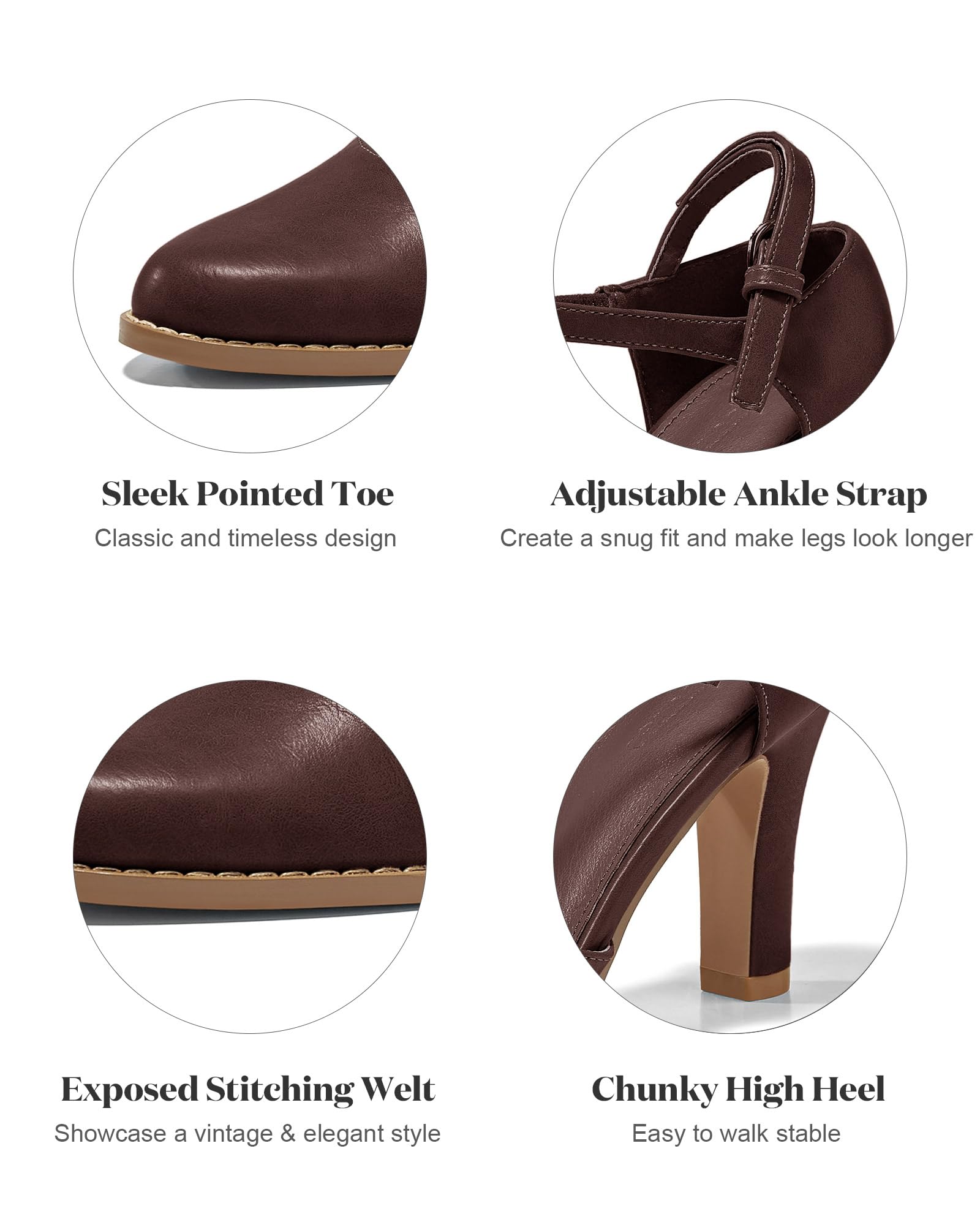 Coutgo Womens Chunky High Heels Closed Pointed Toe Ankle Strap Pumps Vintage D'Orsay Dress Party Shoes, Dark Brown, Size 7