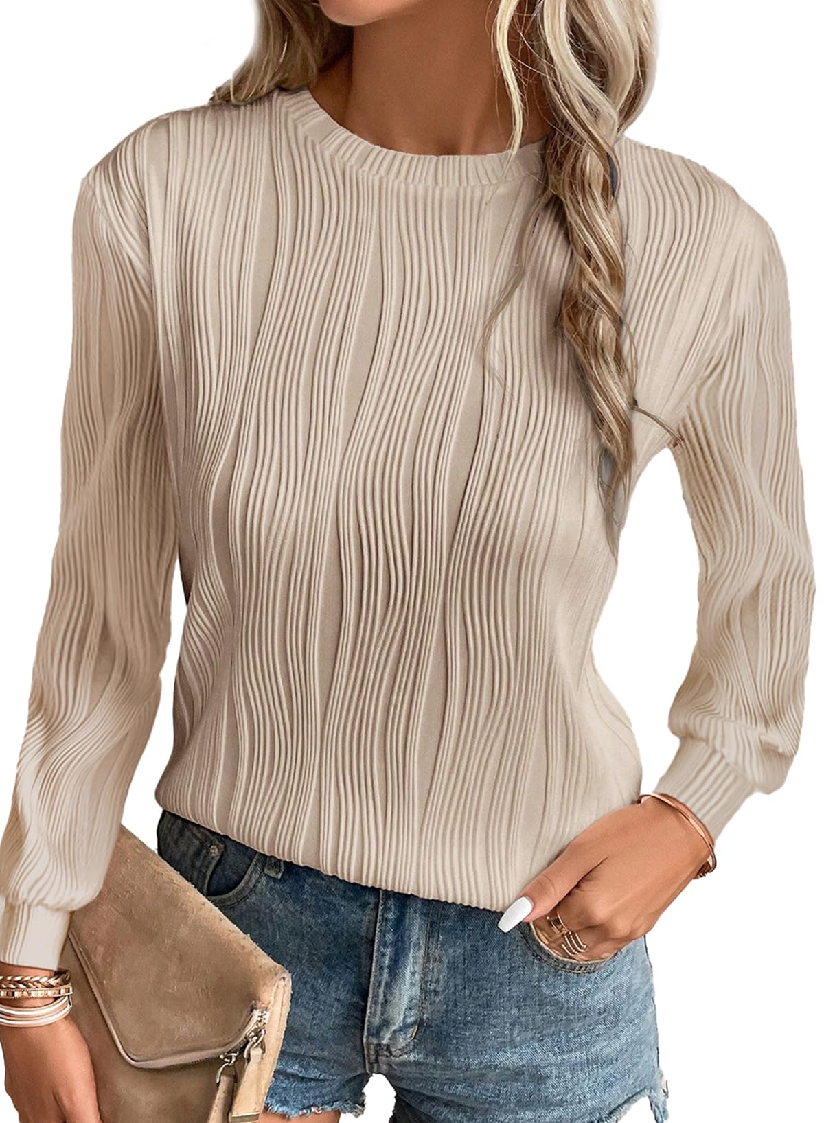 EVALESS Womens Long Sleeve Tops Shirts 2026 Fashion Trendy Dressy Casual Spring Summer Fall Round Neck Textured Loose Fit Blouses Clothes Outfits,Apricot Small