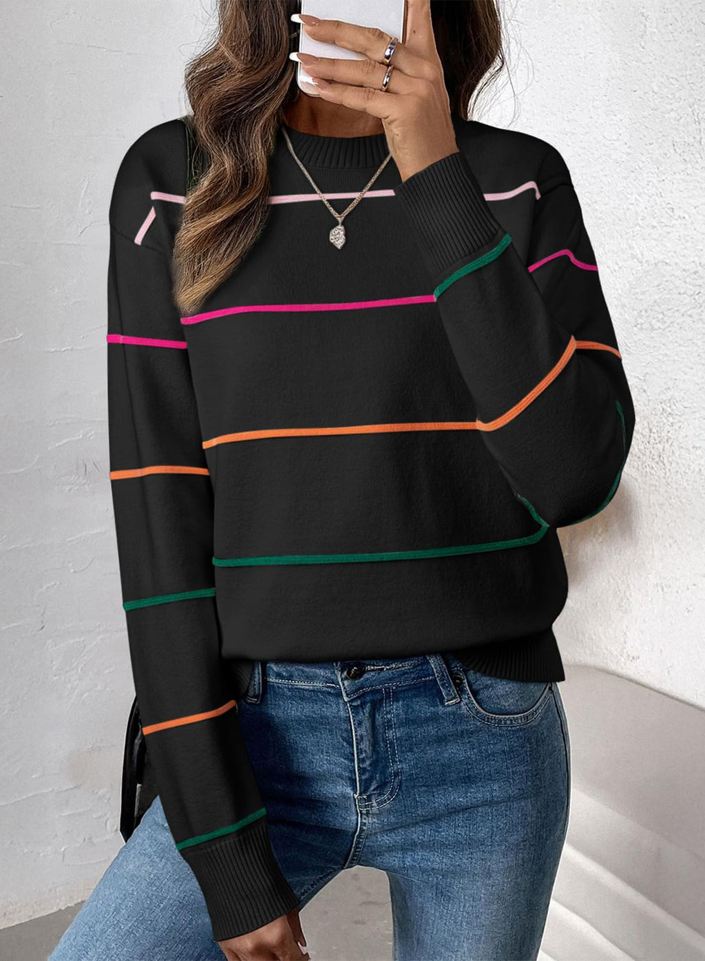 SHEWIN Womens Tops Dressy Casual Crew Neck Striped Sweater Women Lightweight Fall Tops for Women 2025 Long Sleeve Tops Womens Sweaters Black Medium