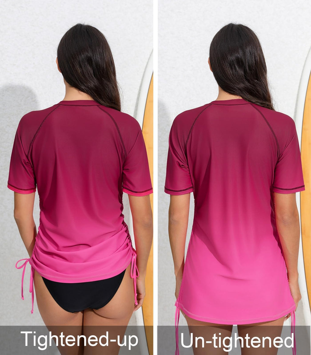 Halcurt Women's Short Sleeve Rash Guard Swim Shirt with Bra Half Zip Tie Drawstring UPF50+ Swimsuit Top Ombre Red Pink 2XL