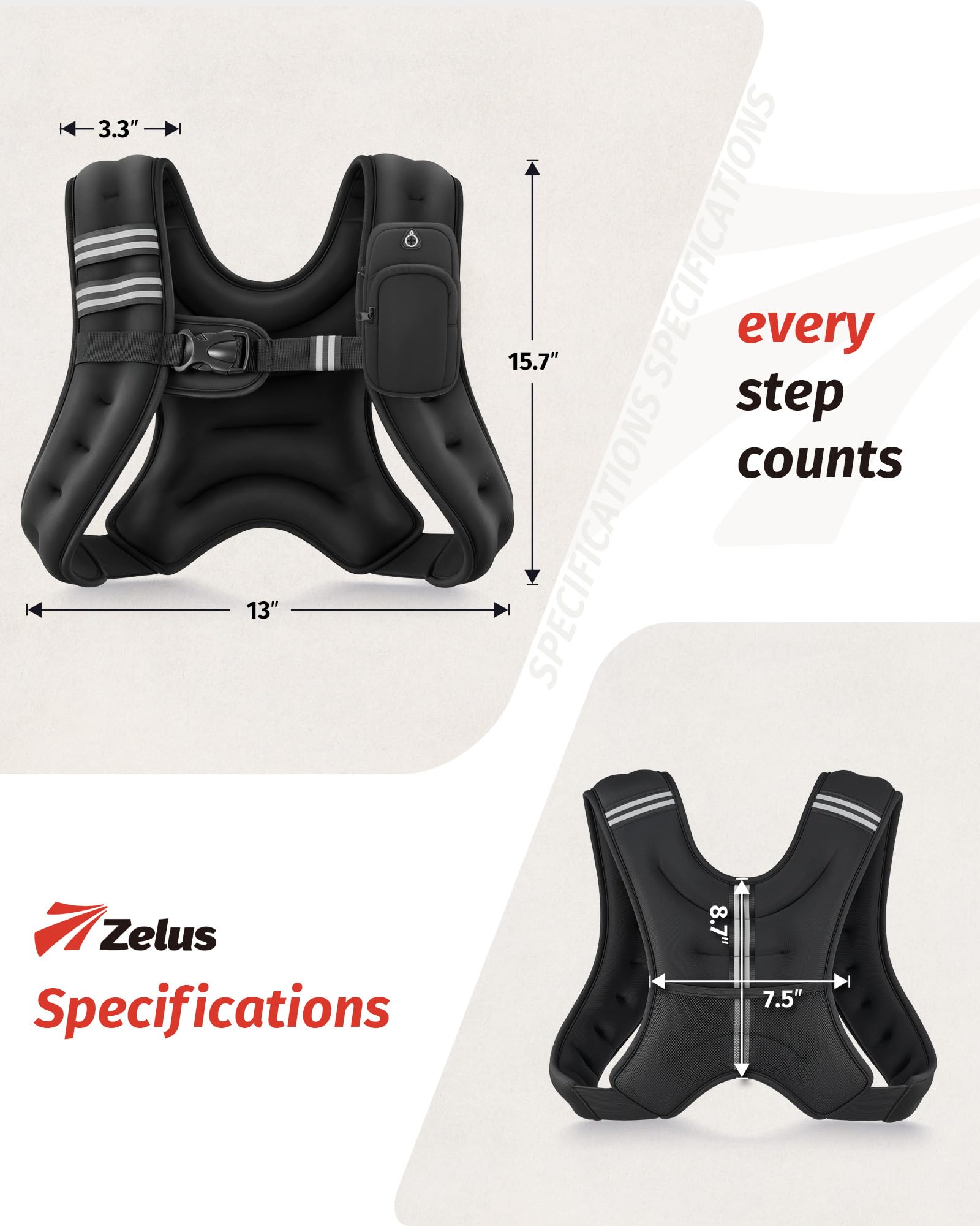 ZELUS Weighted Vest, 6lb/8lb/12lb/16lb/20lb/25lb/30lb Weight Vest with Reflective Stripe for Workout, Strength Training, Running, Fitness, Muscle Building, Weight Loss, Weightlifting, Black(12 lb)