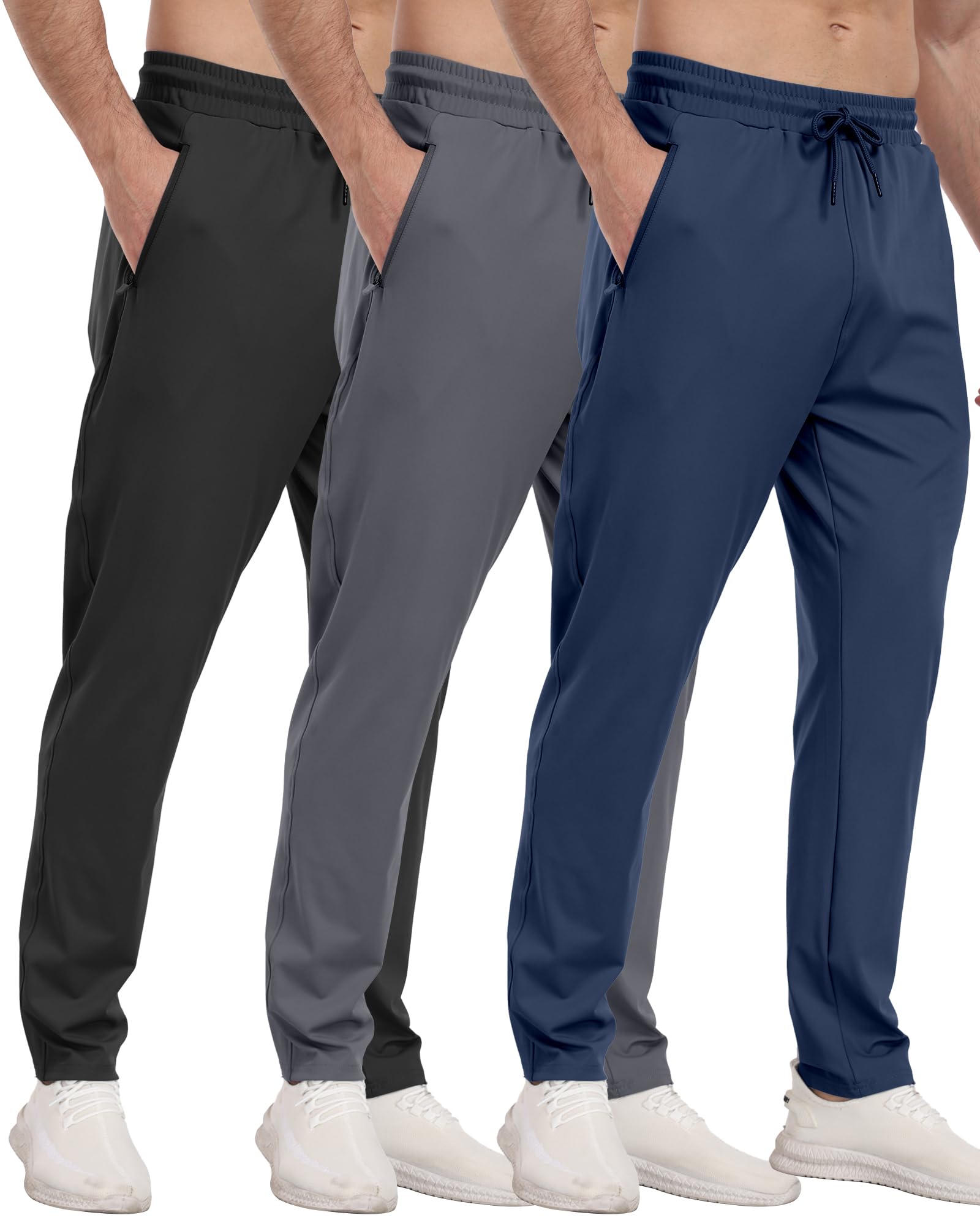 3 Pack Mens Athletic Sweatpants with Zipper Pockets,Workout Gym Joggers Pants for Men Running Jogging Pants-BlackDark GrayNavy-L