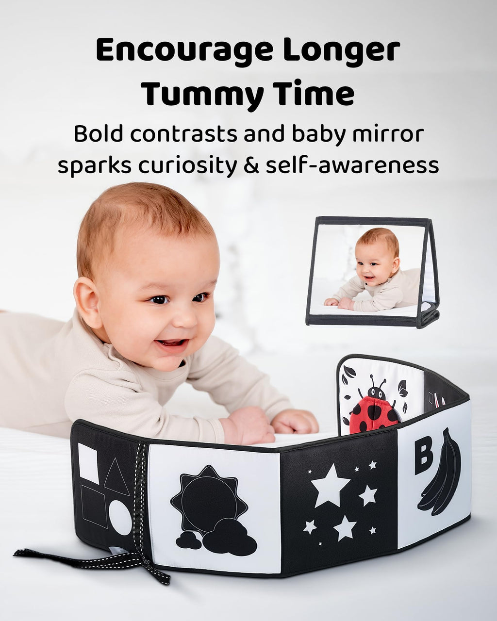 High Contrast Black and White Baby Toys for Newborn 0-6 Months – Contrast Cards & Sensory Baby Book with Mirror – Tummy Time Infant Toys for Visual Stimulation, Early Learning & Brain Development