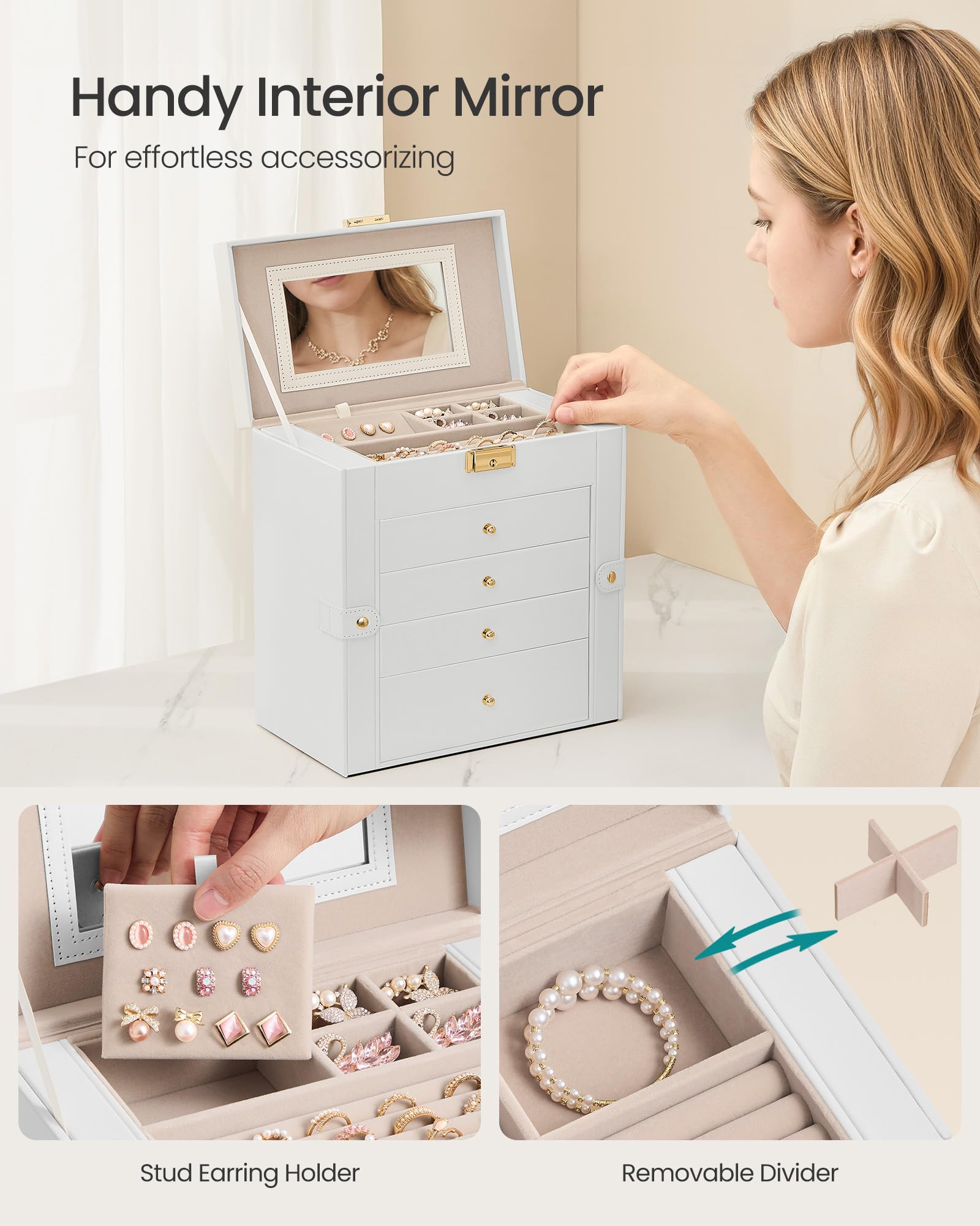 SONGMICS 5-Layer Jewelry Box Organizer with 4 Drawers, Jewelry Storage Case with Lock and Mirror, Large Storage Capacity, Gift for Loved Ones, for Necklaces, Watches, Cream White UJBC153WD01S