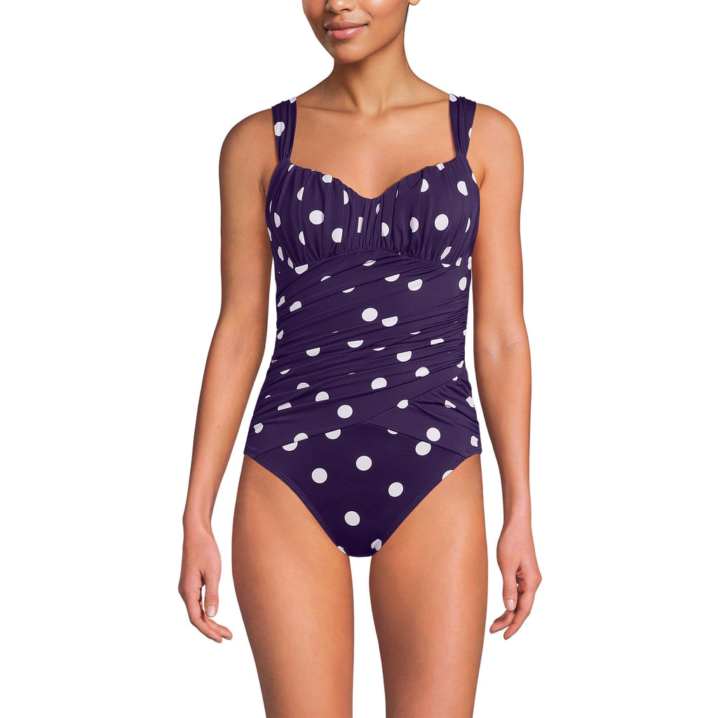 Lands' End Women's Slender Lite Sweetheart Shirred One Piece 2 BlackBerry Polka Dot