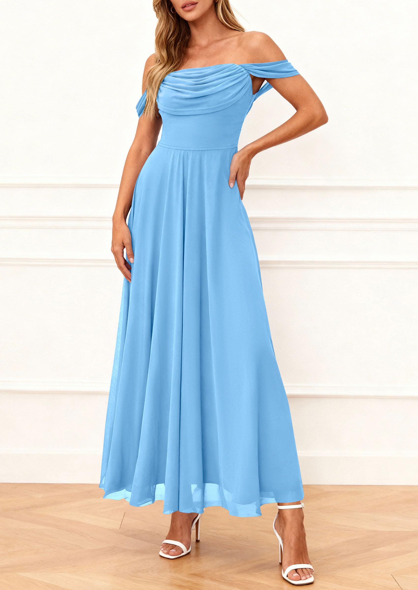 PRETTYGARDEN Womens Off Shoulder Maxi Summer Dresses 2026 Elegant Mesh Aline Swing Ruched Flowy Cocktail Wedding Guest Dress (Light Blue,Small)