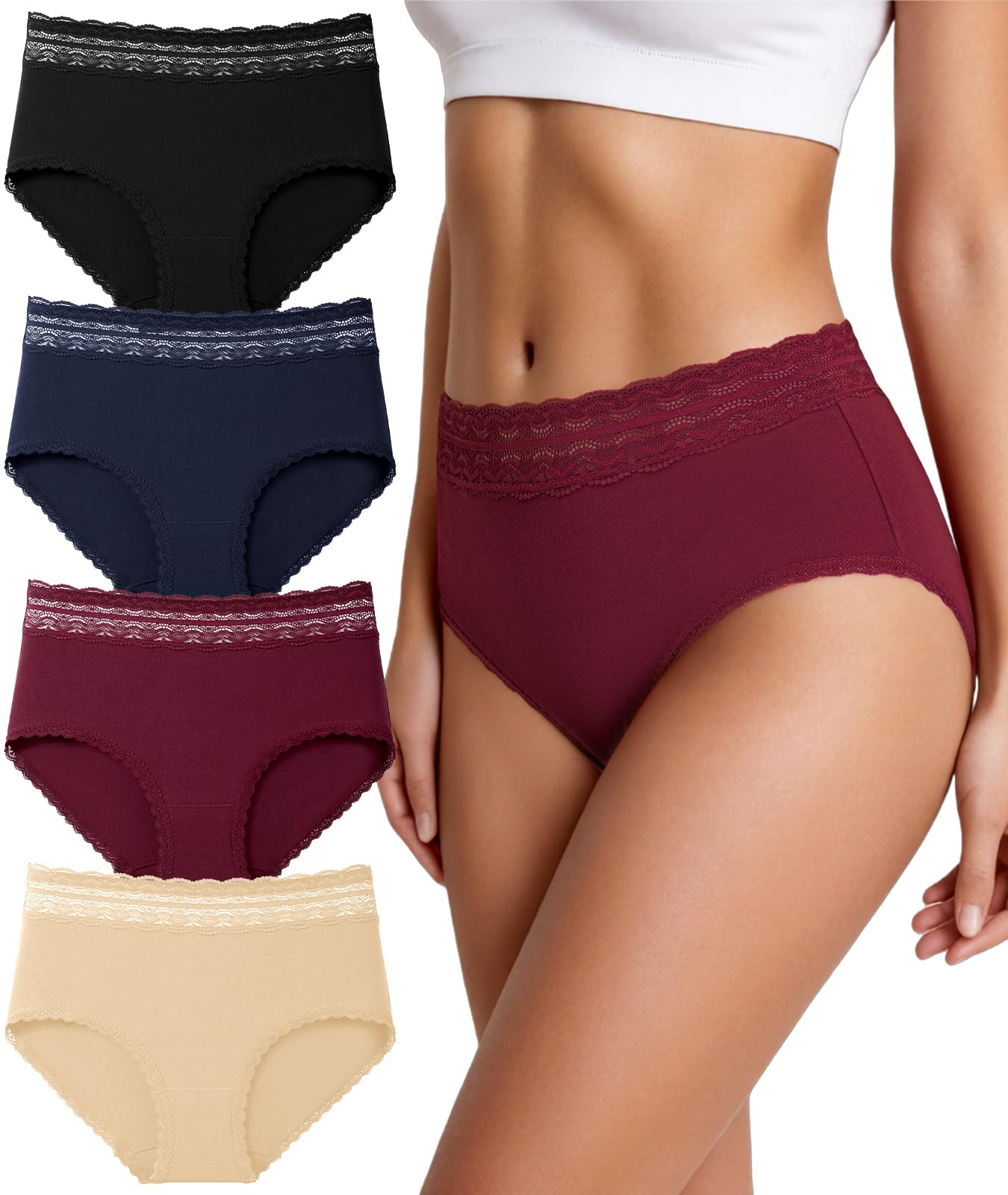 HOHOCHIN Cotton Underwear for Women High Waisted Panties Soft Lace Waistband Breathable Full Coverage Ladies Briefs 4 Pack (US, Alpha, 3X-Large, Regular, Regular, A-4 Pack-Multicolor)